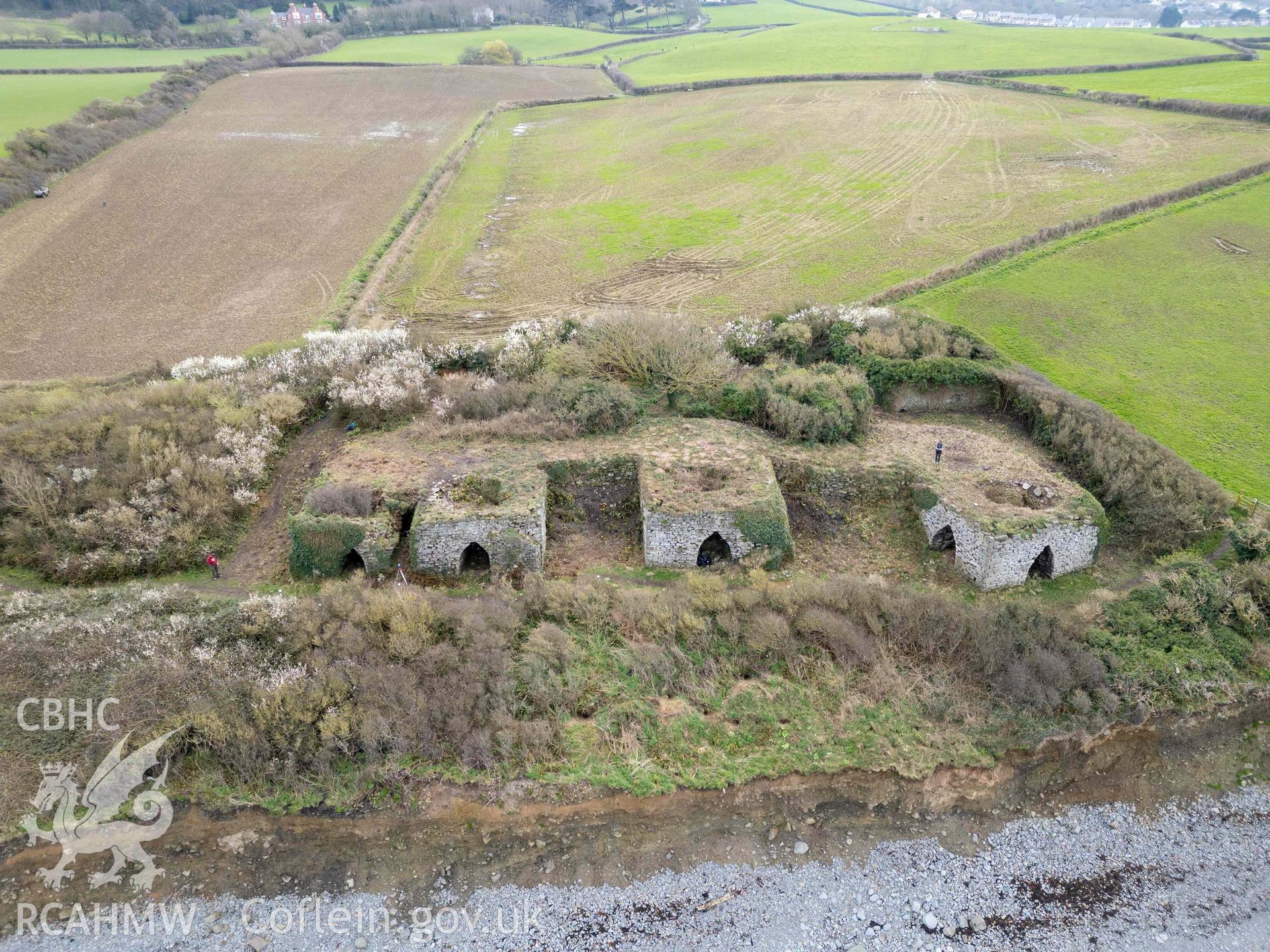 Aberstrincell Lime Kilns from the north. Part of photographic survey of Aberstrincell lime kilns and coal yard, conducted by Louise Barker of the RCAHMW survey team on 21 March 2024.