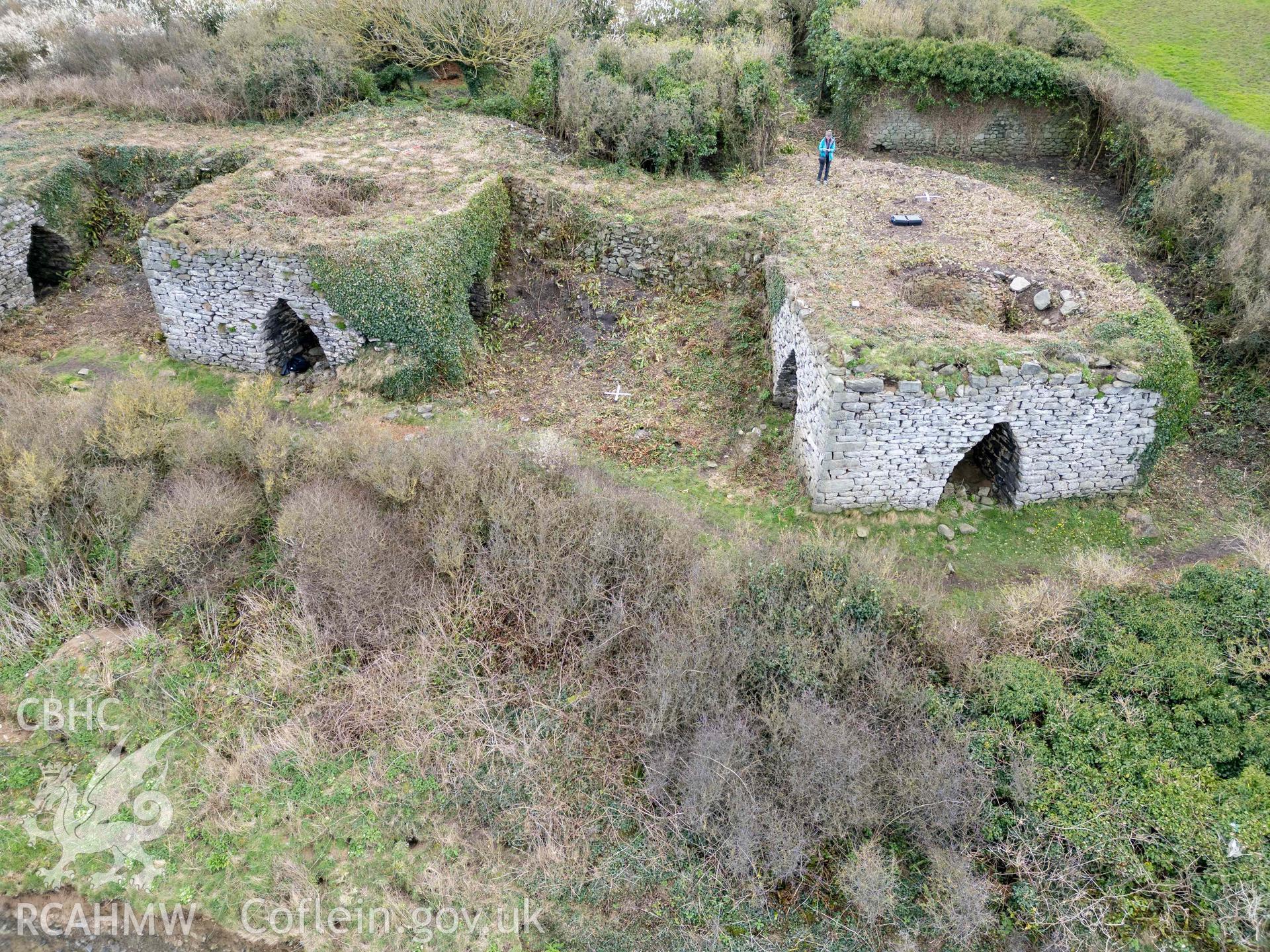Lime kilns 1 and 2 from the north. Part of photographic survey of Aberstrincell lime kilns and coal yard, conducted by Louise Barker of the RCAHMW survey team on 21 March 2024.