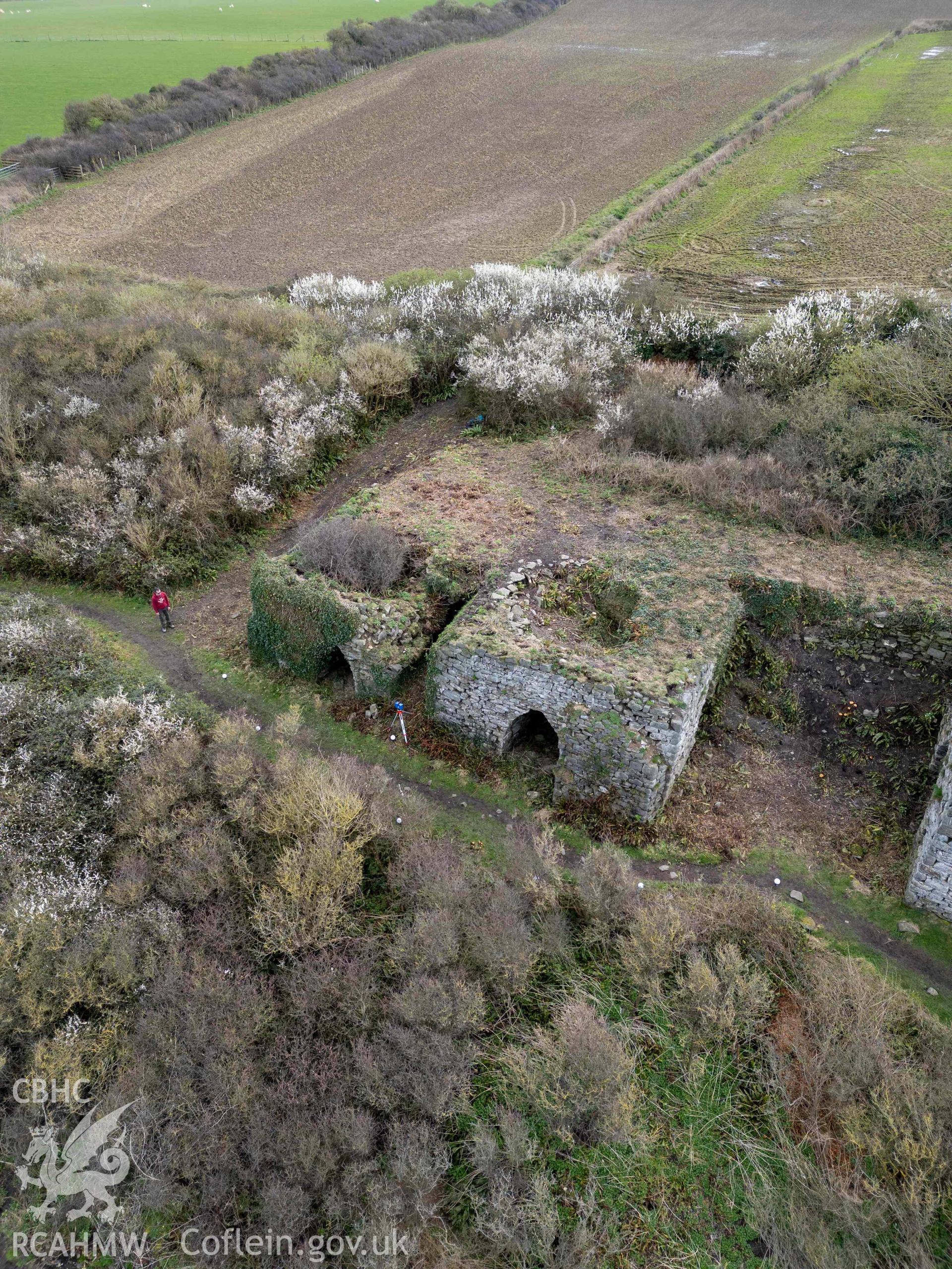 Lime kilns 3 and 4 from the north. Part of photographic survey of Aberstrincell lime kilns and coal yard, conducted by Louise Barker of the RCAHMW survey team on 21 March 2024.