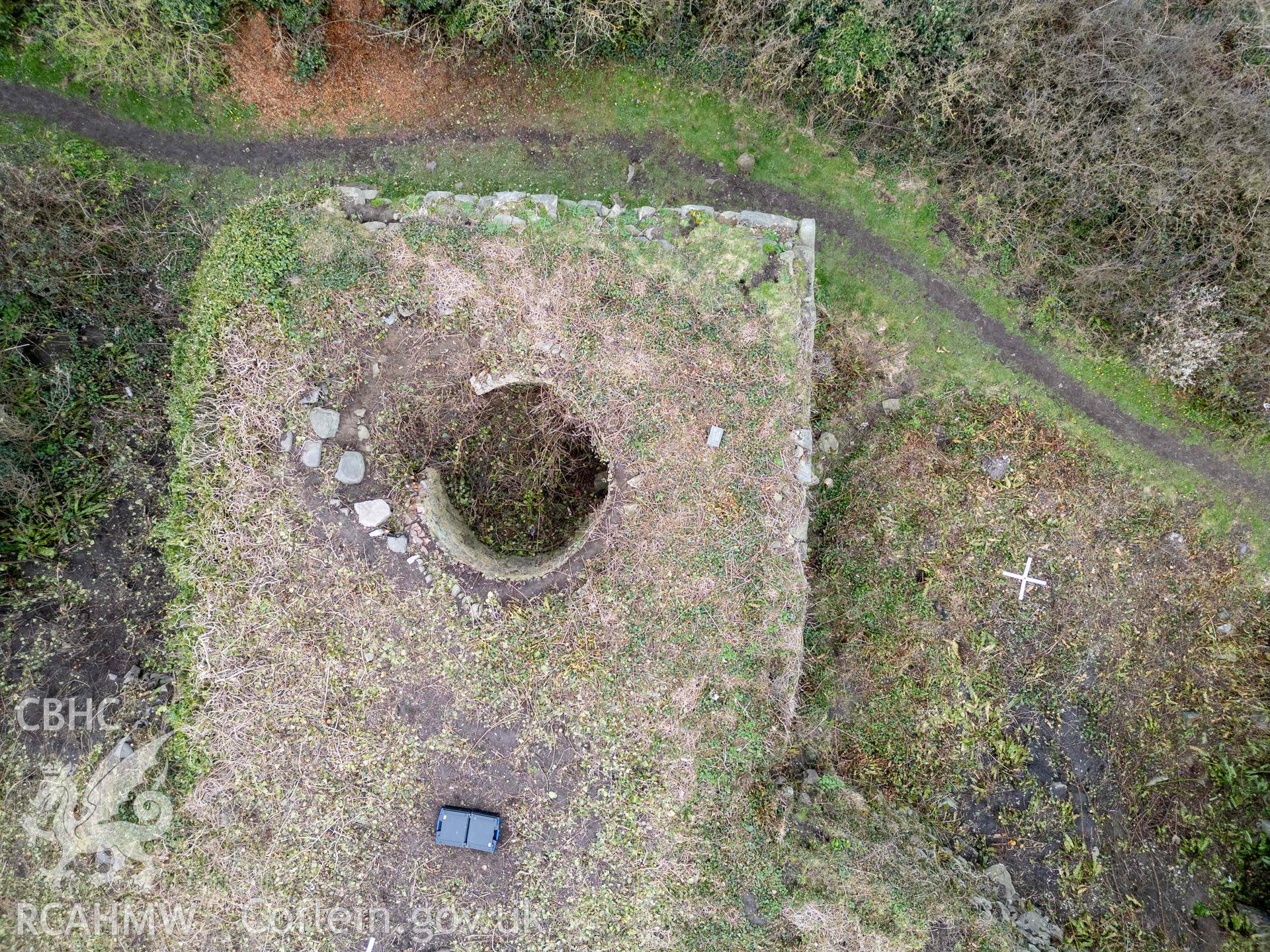 Lime kiln 1 crucible from above. Part of photographic survey of Aberstrincell lime kilns and coal yard, conducted by Louise Barker of the RCAHMW survey team on 21 March 2024.