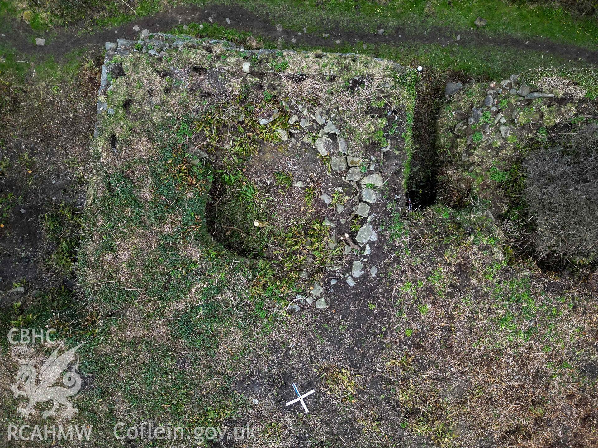 Lime kiln 3 crucible from above. Part of photographic survey of Aberstrincell lime kilns and coal yard, conducted by Louise Barker of the RCAHMW survey team on 21 March 2024.