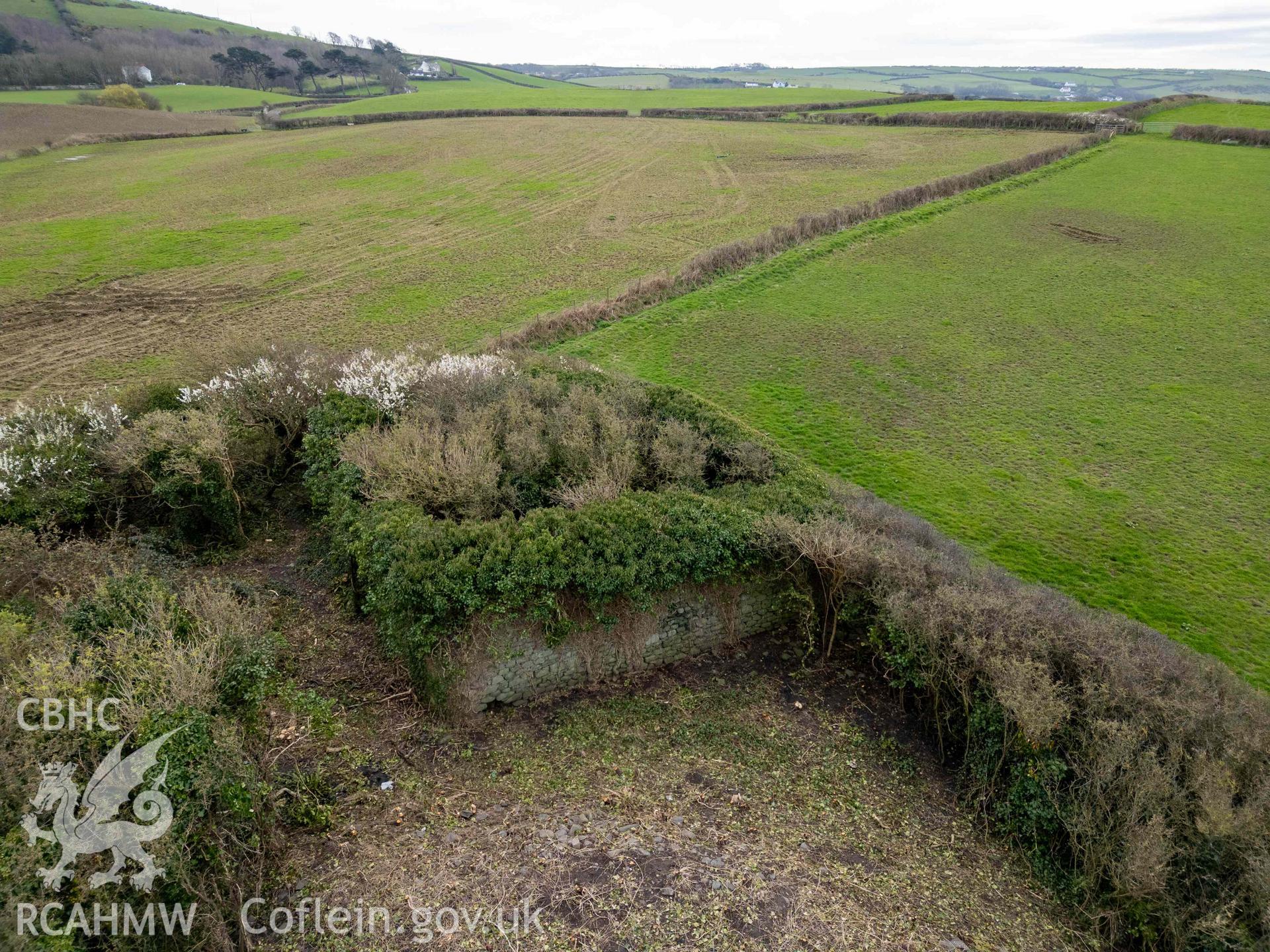 Coal yard from the north. Part of photographic survey of Aberstrincell lime kilns and coal yard, conducted by Louise Barker of the RCAHMW survey team on 21 March 2024.
