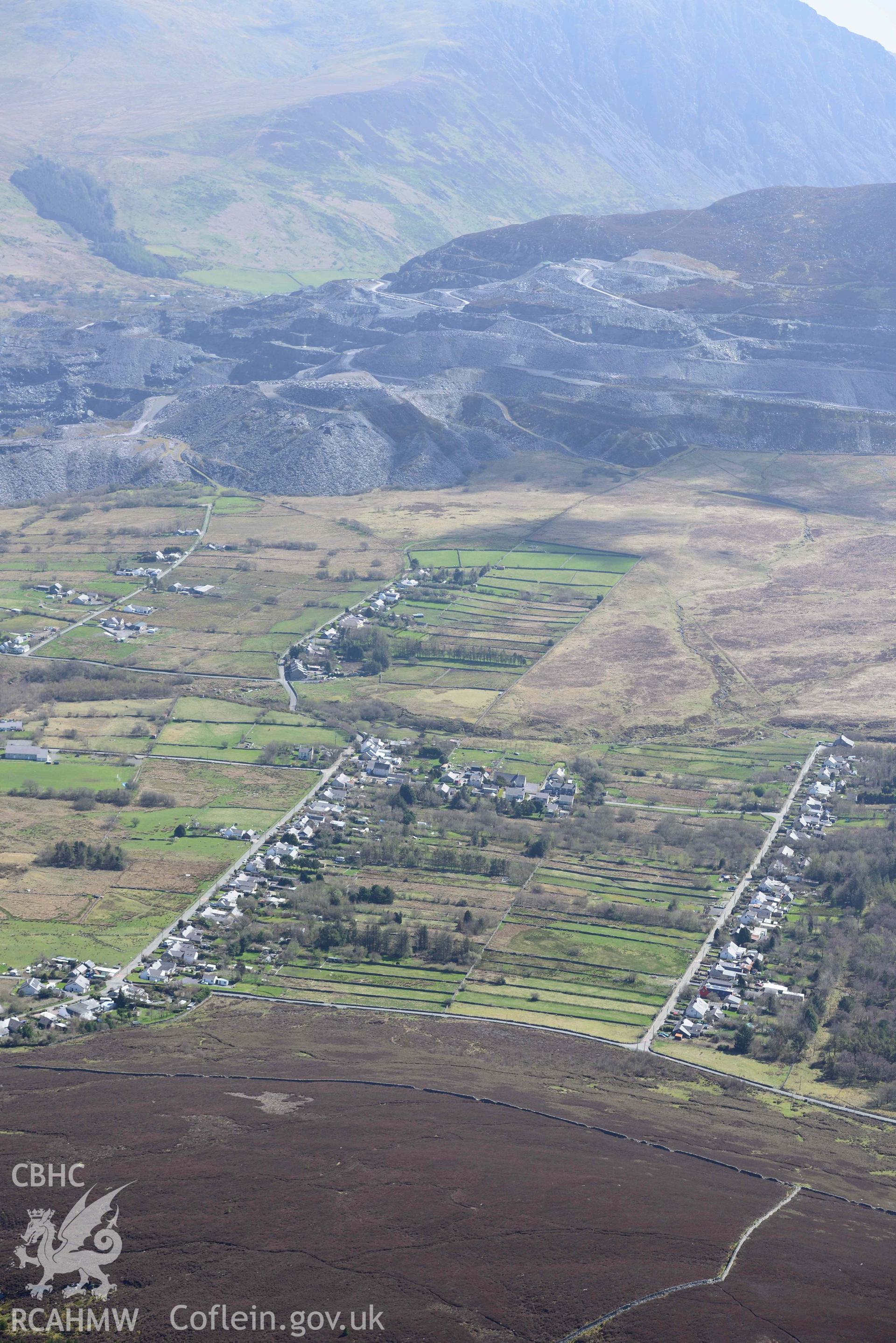 Mynydd Llandygai, terraced housing, view from north-west. Oblique aerial photograph taken during the Royal Commission’s programme of archaeological aerial reconnaissance by Toby Driver on 20 April 2018.