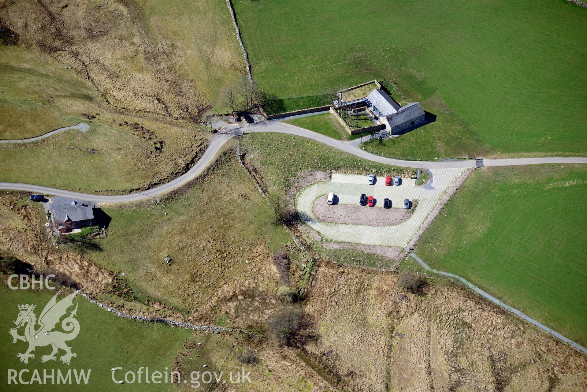 Yr Ysgwrn, Visitor Centre. Oblique aerial photograph taken during the Royal Commission’s programme of archaeological aerial reconnaissance by Toby Driver on 20 April 2018.