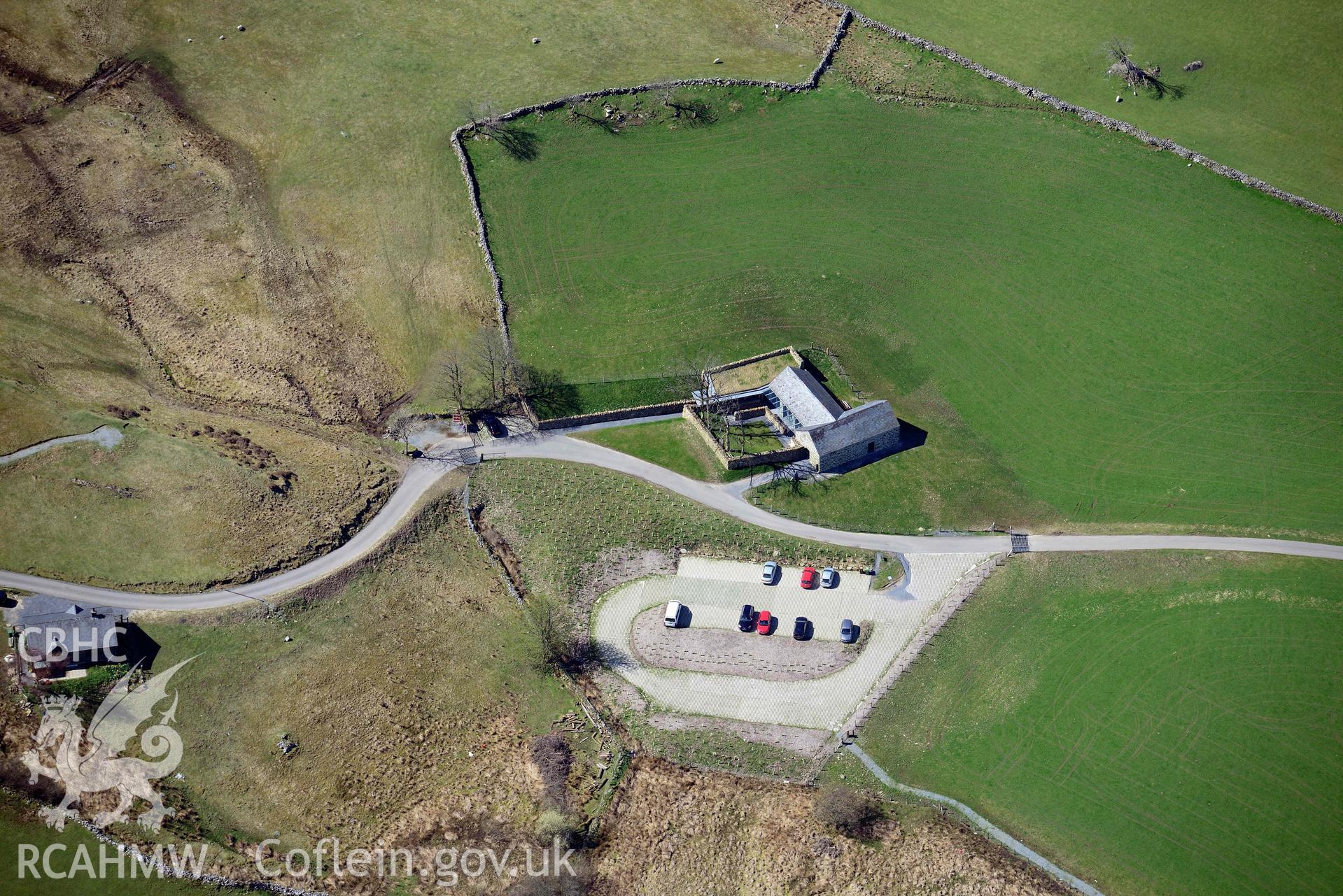 Yr Ysgwrn, Visitor Centre. Oblique aerial photograph taken during the Royal Commission’s programme of archaeological aerial reconnaissance by Toby Driver on 20 April 2018.