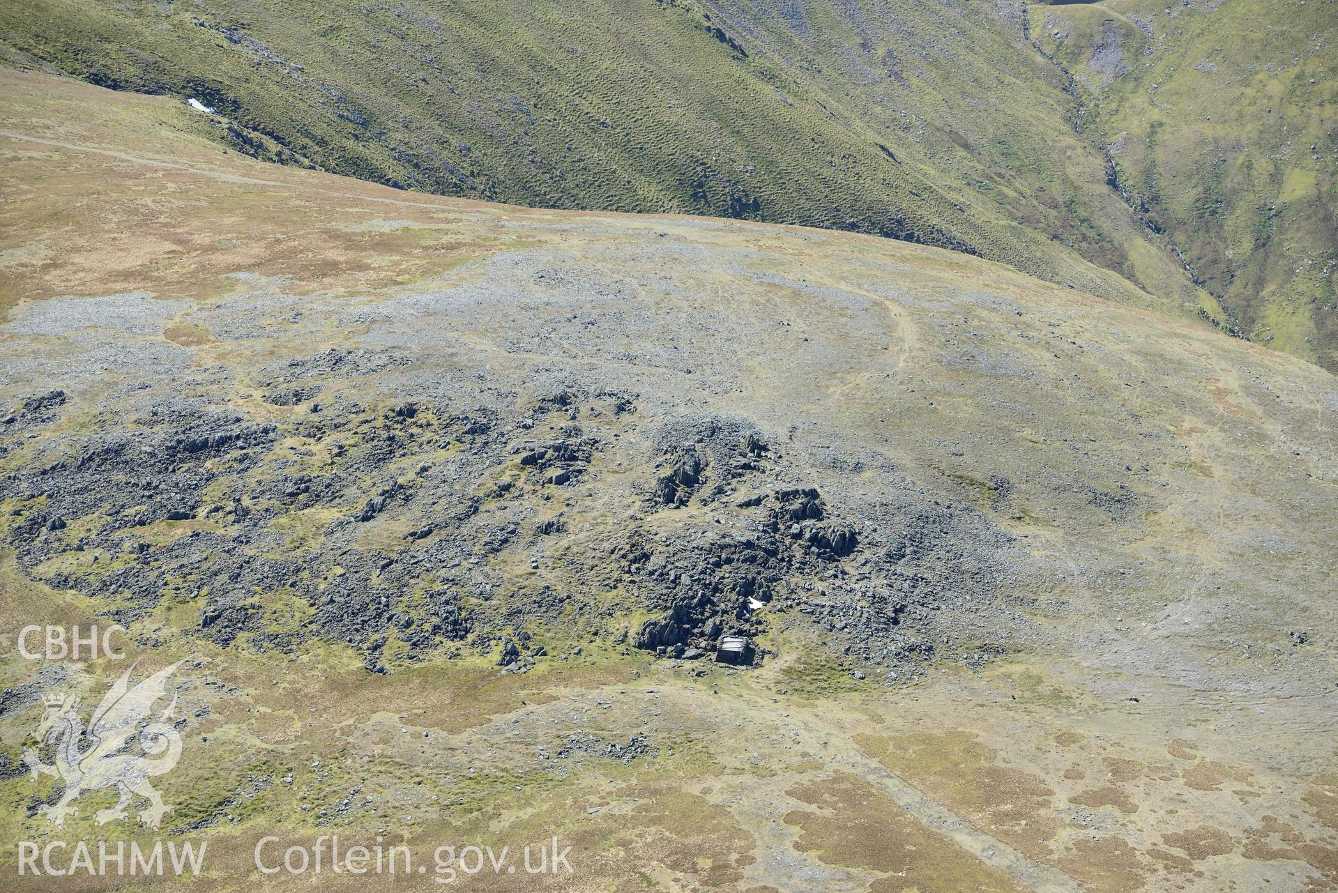 Foel Grach Mountain Rescue Hut, view from north-east. Oblique aerial photograph taken during the Royal Commission’s programme of archaeological aerial reconnaissance by Toby Driver on 20 April 2018.