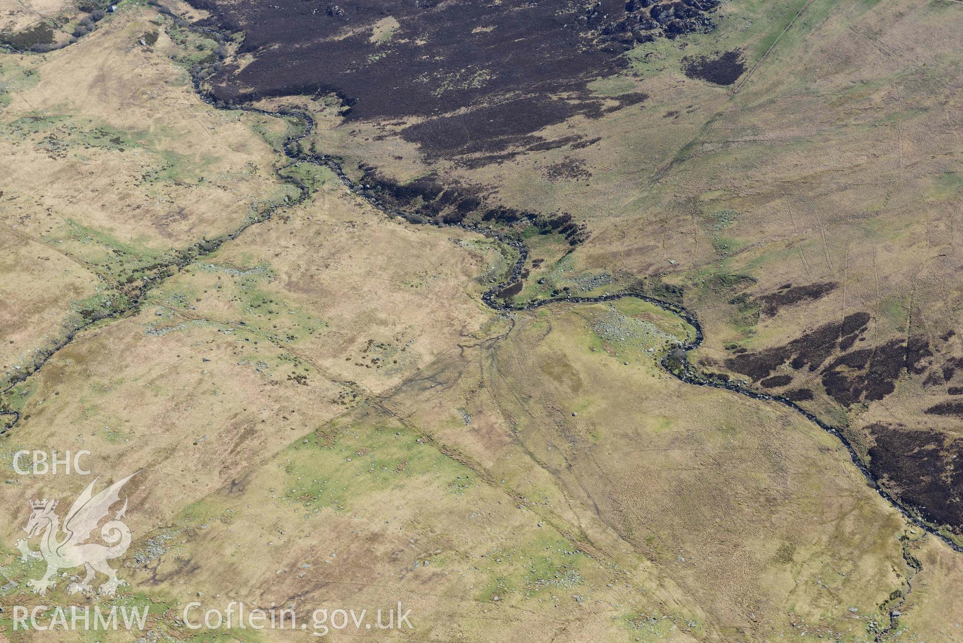Pant-y-Griafolen, deserted settlement, view from the north west. Oblique aerial photograph taken during the Royal Commission’s programme of archaeological aerial reconnaissance by Toby Driver on 20 April 2018.