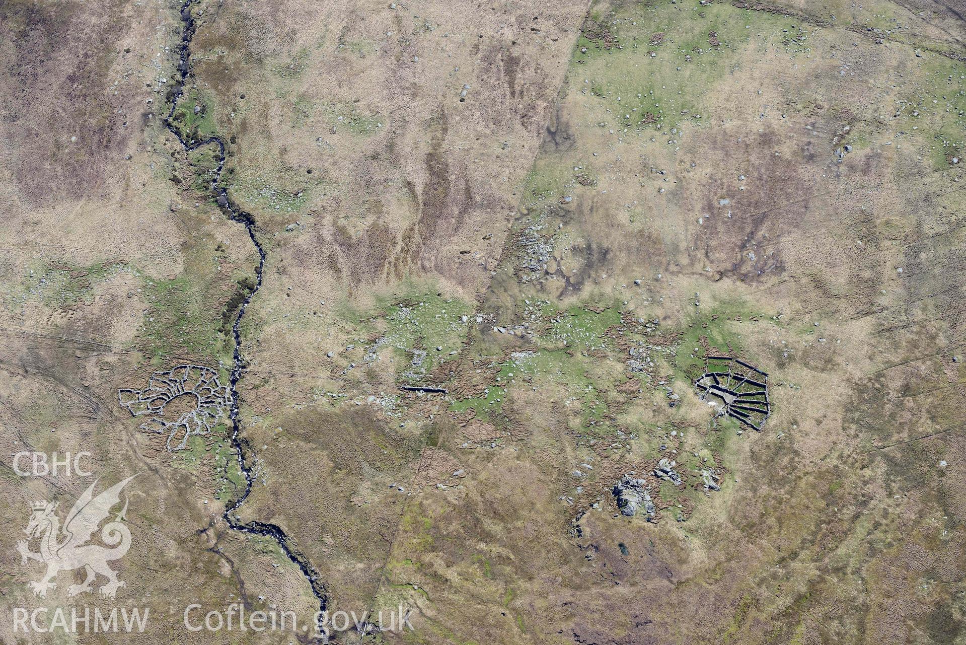 Afon Garreg Wen sheepfolds, from north-west. Oblique aerial photograph taken during the Royal Commission’s programme of archaeological aerial reconnaissance by Toby Driver on 20 April 2018.