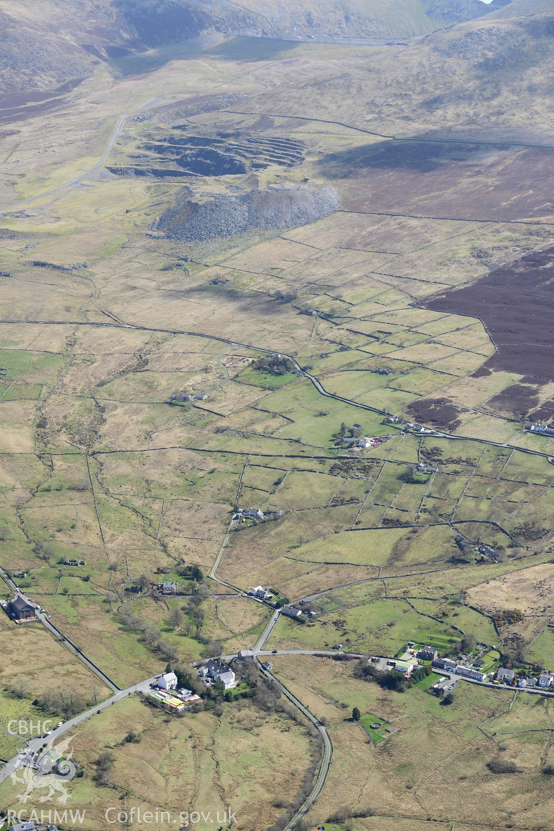 Marchlyn Slate Quarry, view from Deiniolen. Oblique aerial photograph taken during the Royal Commission’s programme of archaeological aerial reconnaissance by Toby Driver on 20 April 2018.