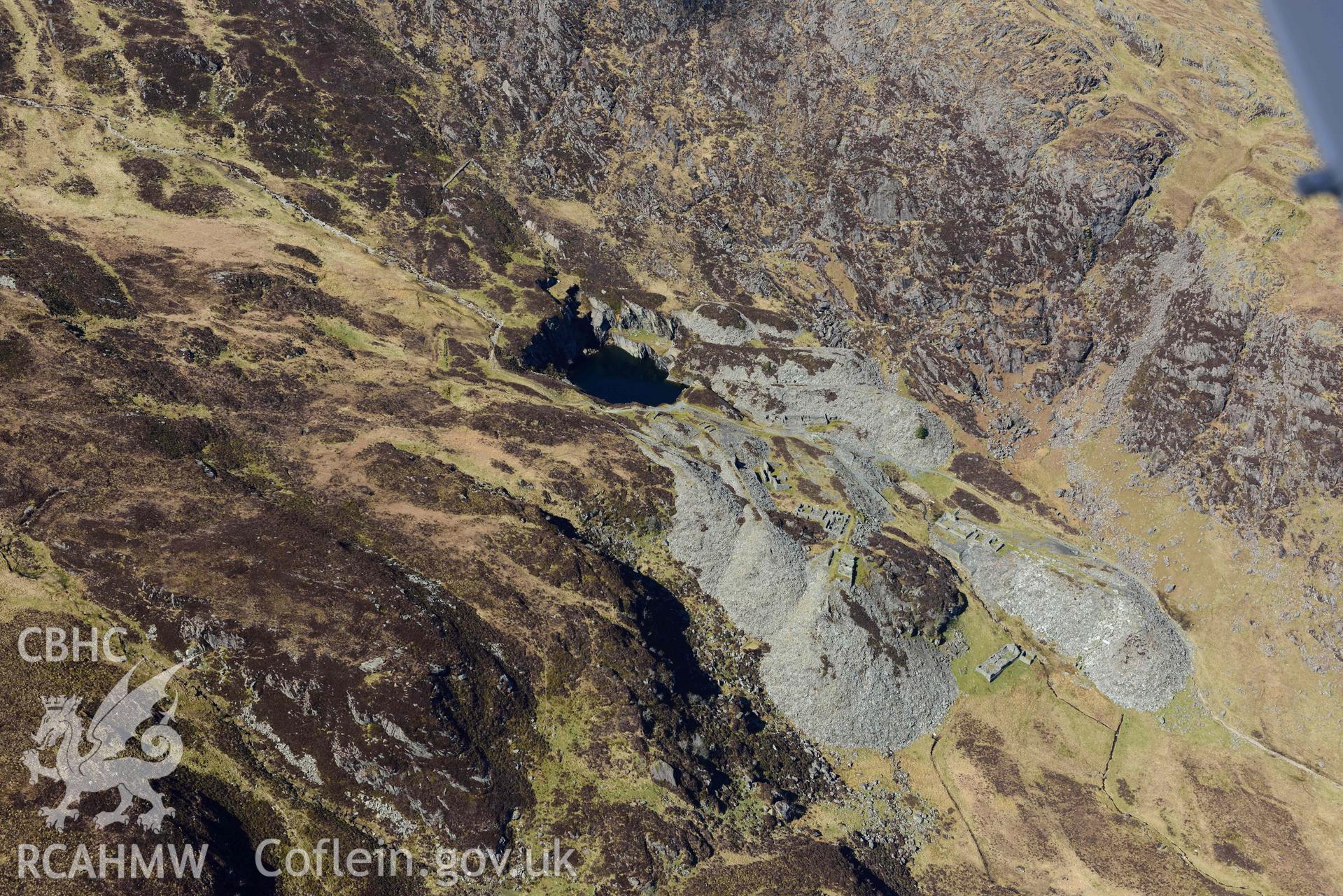 Moel Siabod Slate and Slab works, view from east. Oblique aerial photograph taken during the Royal Commission’s programme of archaeological aerial reconnaissance by Toby Driver on 20 April 2018.