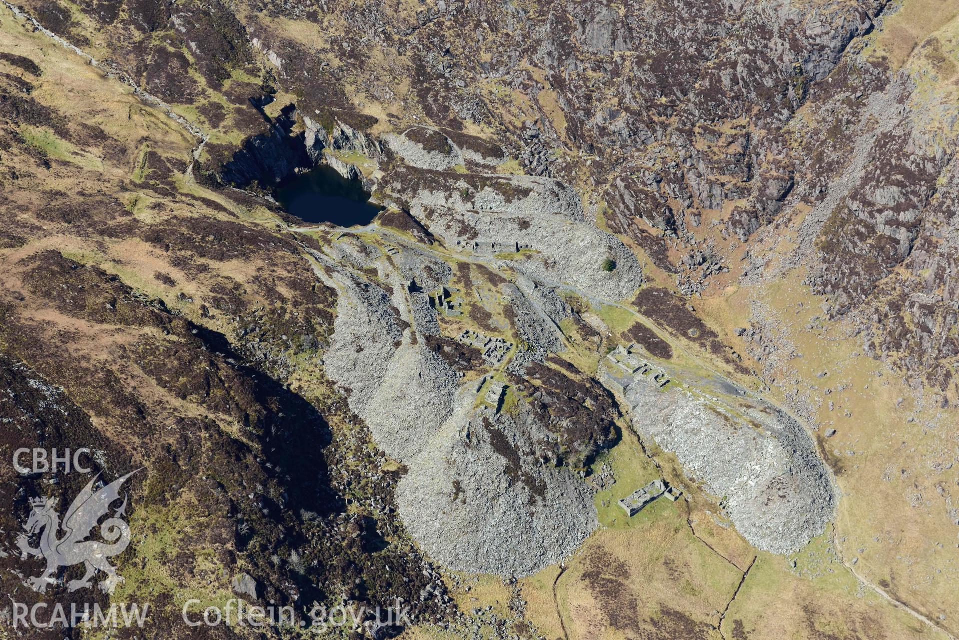 Moel Siabod Slate and Slab works, view from east. Oblique aerial photograph taken during the Royal Commission’s programme of archaeological aerial reconnaissance by Toby Driver on 20 April 2018.