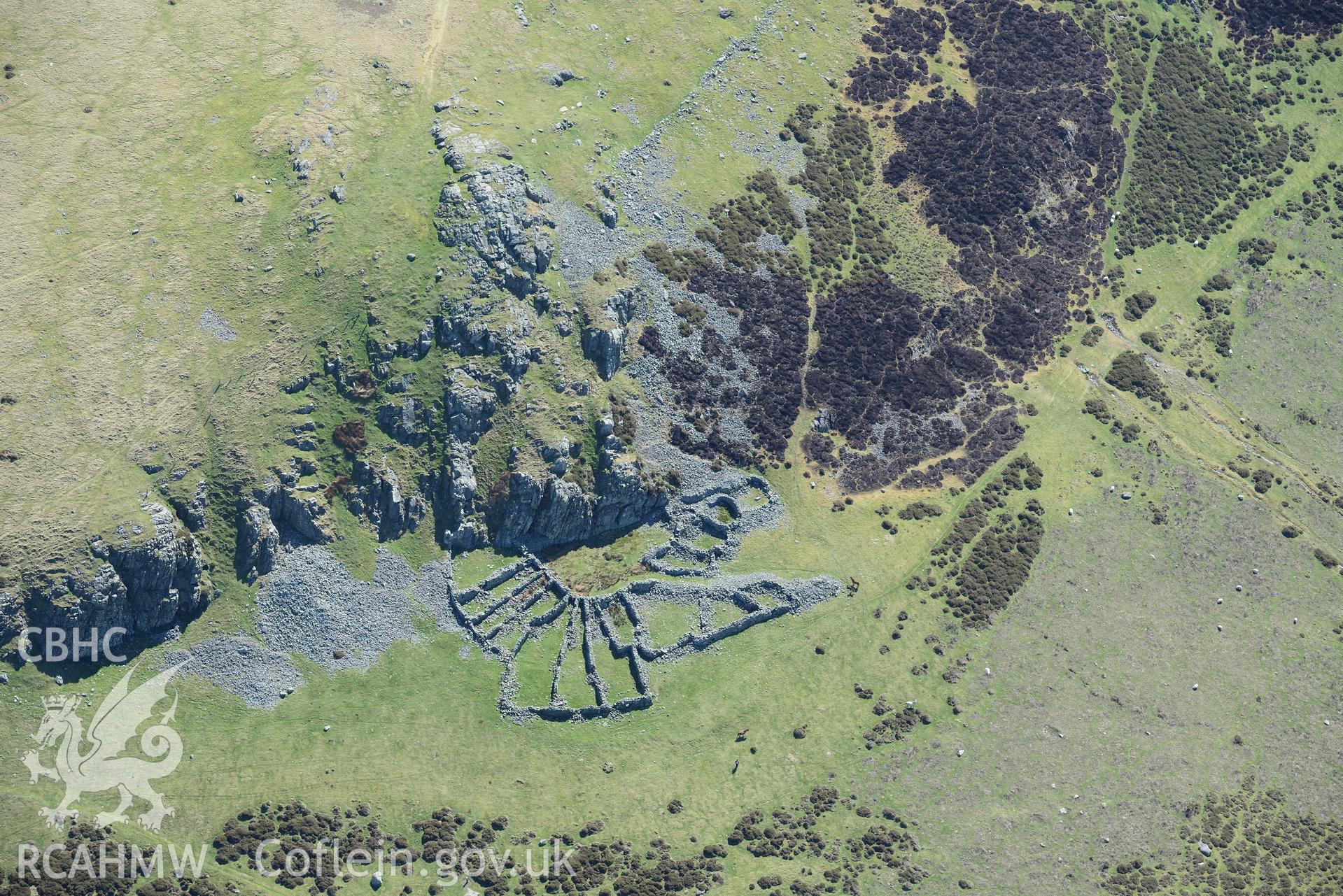 Garreg Fawr complex sheepfold. Oblique aerial photograph taken during the Royal Commission’s programme of archaeological aerial reconnaissance by Toby Driver on 20 April 2018.