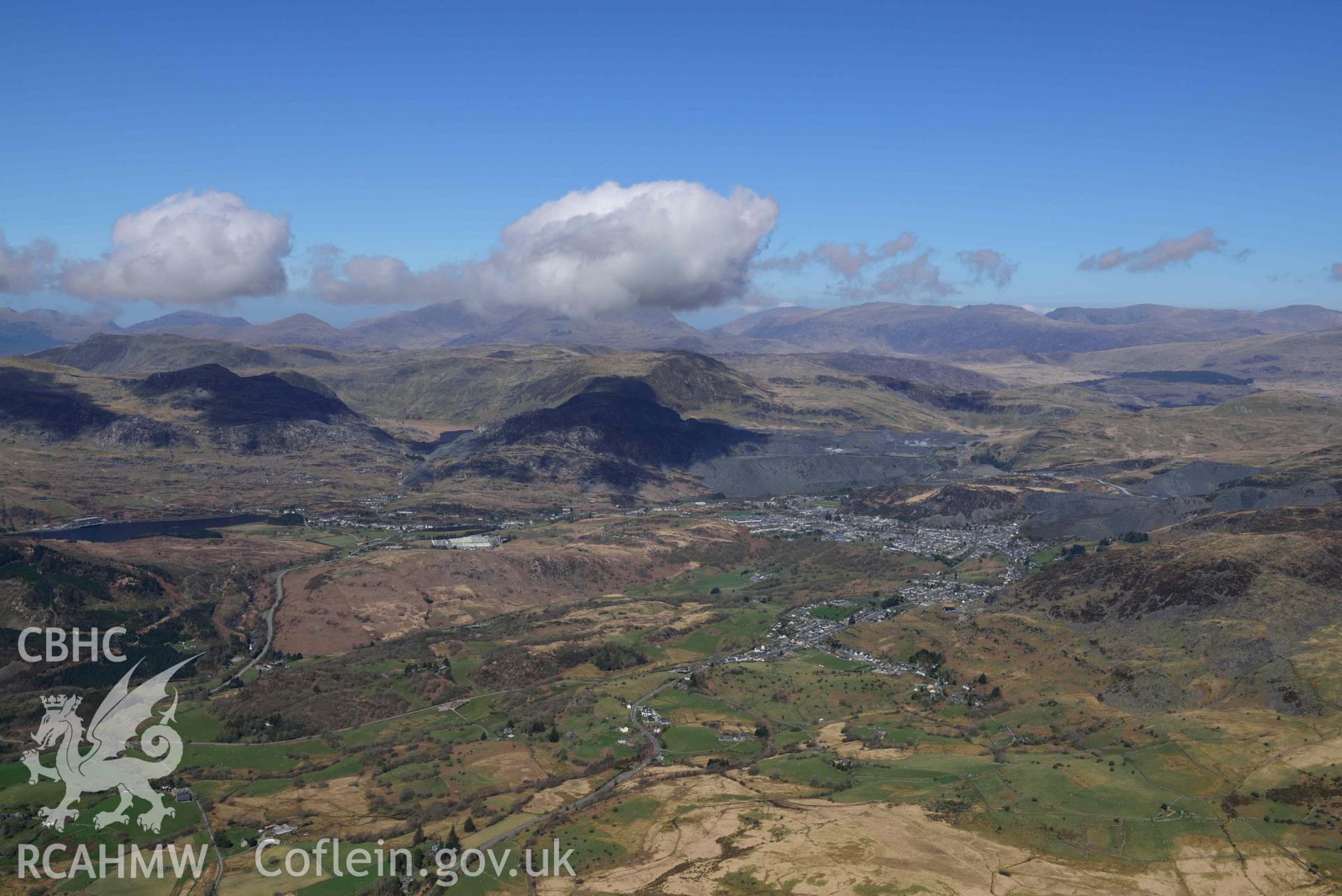 Blaenau Ffestiniog, town and slate landscape from south-west. Oblique aerial photograph taken during the Royal Commission’s programme of archaeological aerial reconnaissance by Toby Driver on 20 April 2018.