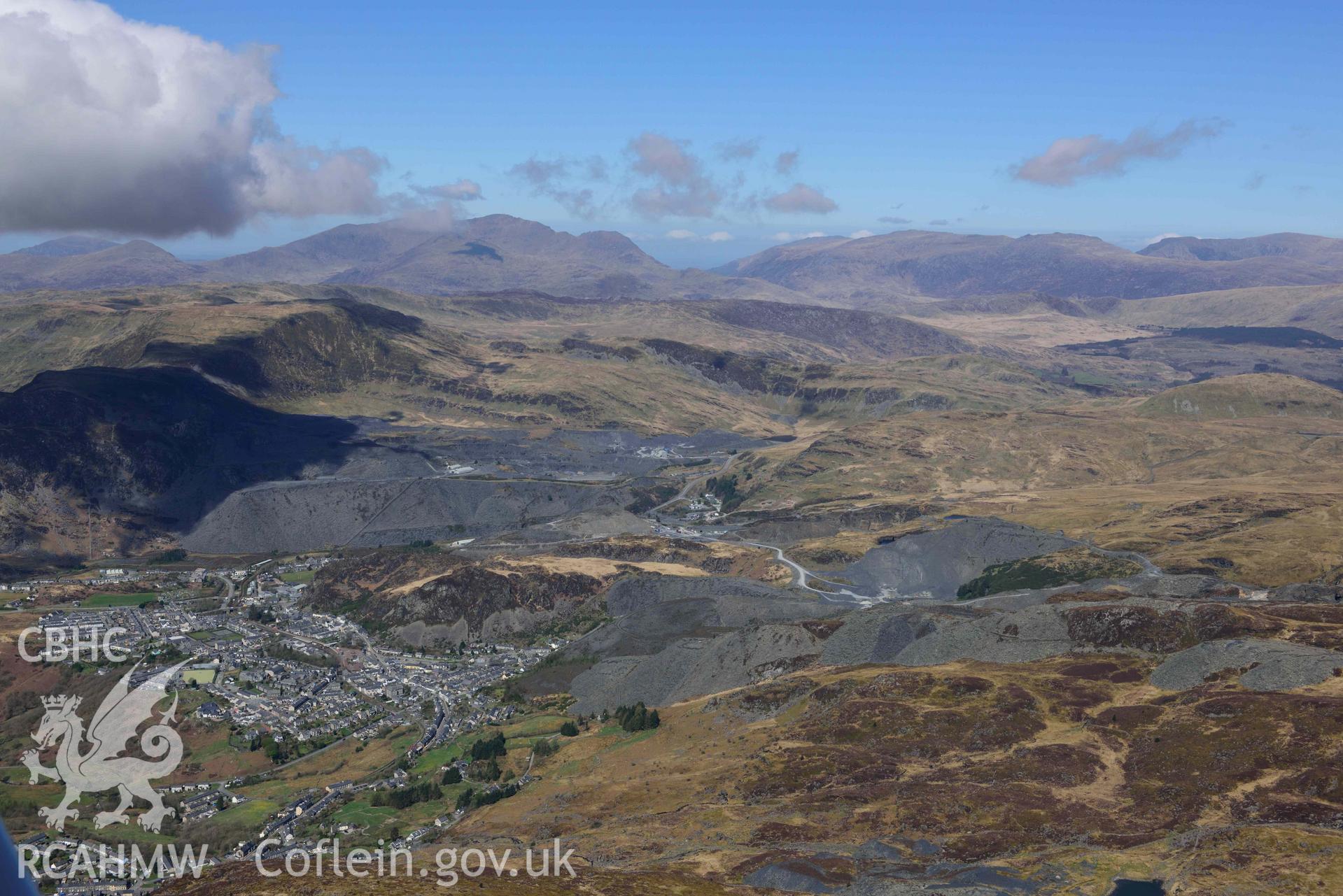 Blaenau Ffestiniog, town and slate landscape from south. Oblique aerial photograph taken during the Royal Commission’s programme of archaeological aerial reconnaissance by Toby Driver on 20 April 2018.