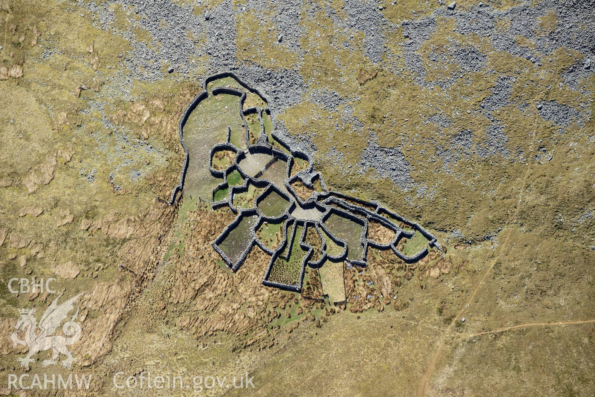 Gyrn, multicellular sheepfold. Oblique aerial photograph taken during the Royal Commission’s programme of archaeological aerial reconnaissance by Toby Driver on 20 April 2018.