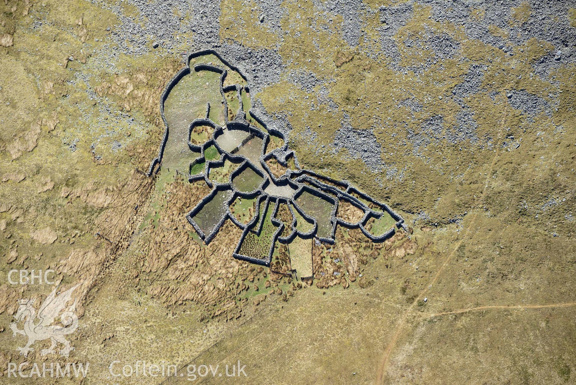 Gyrn, multicellular sheepfold. Oblique aerial photograph taken during the Royal Commission’s programme of archaeological aerial reconnaissance by Toby Driver on 20 April 2018.