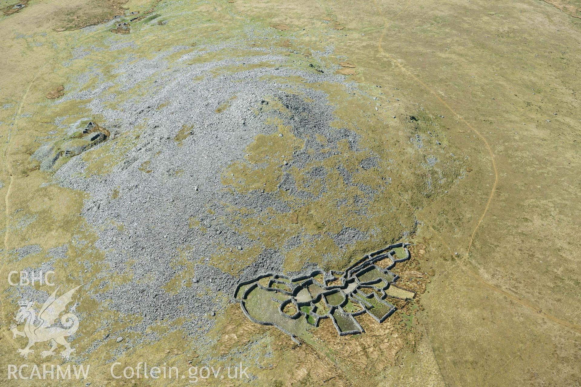 Gyrn, multicellular sheepfold. Oblique aerial photograph taken during the Royal Commission’s programme of archaeological aerial reconnaissance by Toby Driver on 20 April 2018.