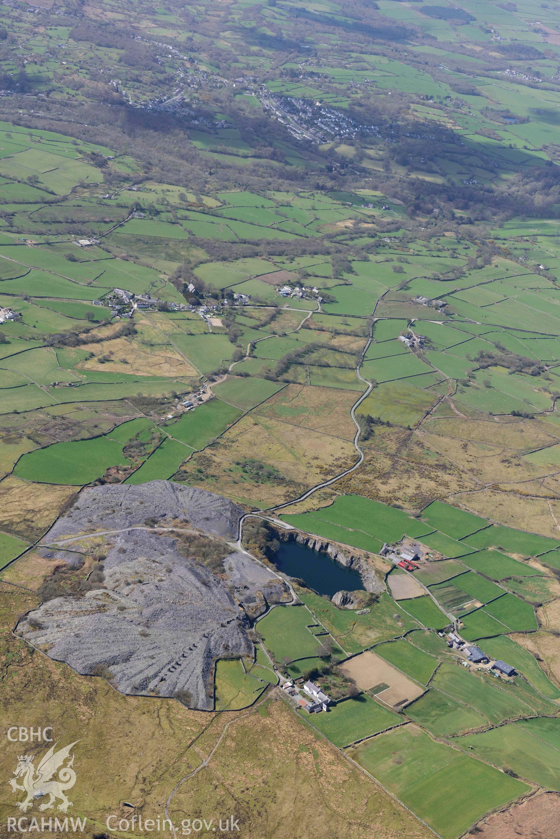 Bryn Hafod-y-Wern slate quarry, view from east. Oblique aerial photograph taken during the Royal Commission’s programme of archaeological aerial reconnaissance by Toby Driver on 20 April 2018.