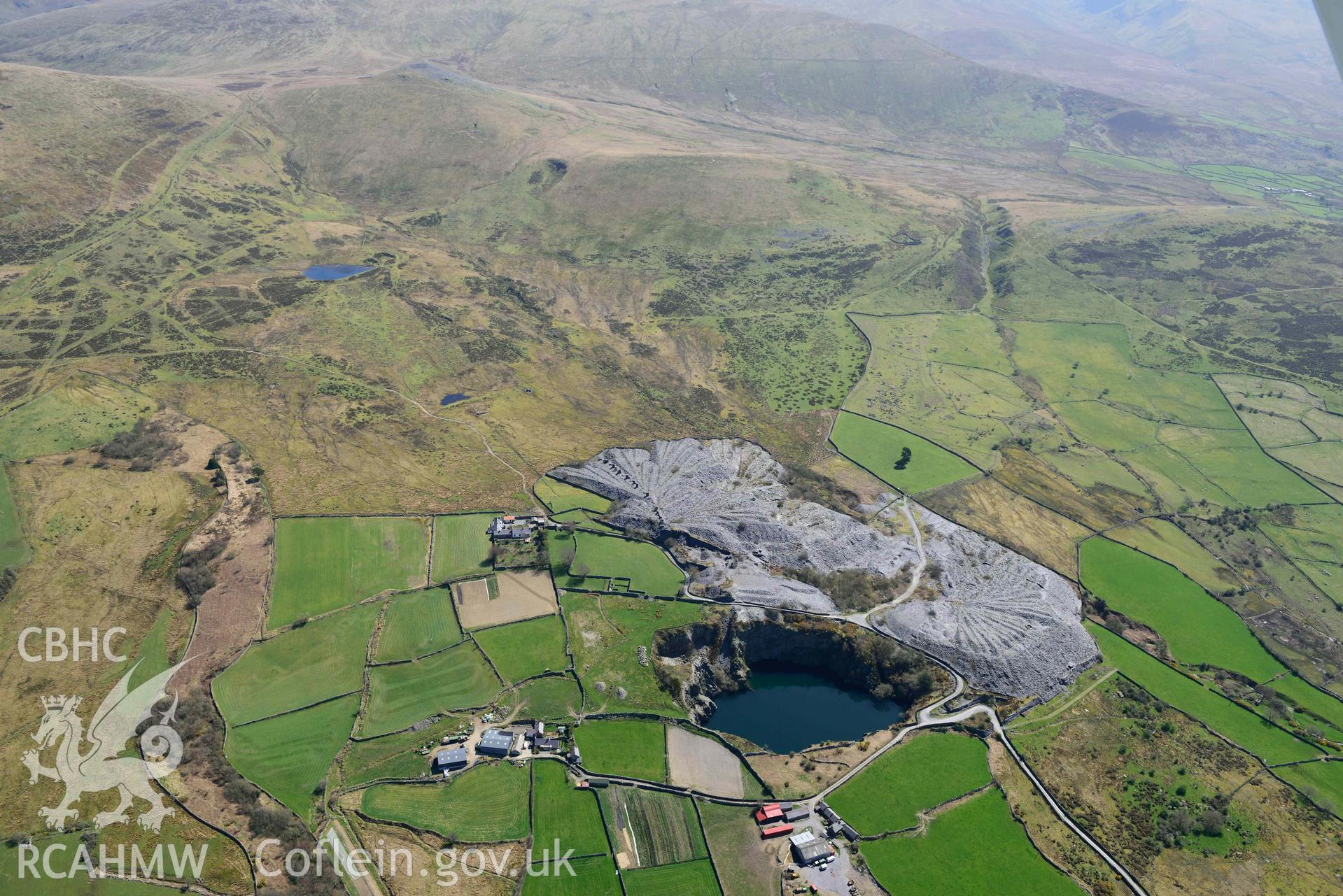 Bryn Hafod y Wern slate quarry, view from north-west. Oblique aerial photograph taken during the Royal Commission’s programme of archaeological aerial reconnaissance by Toby Driver on 20 April 2018.