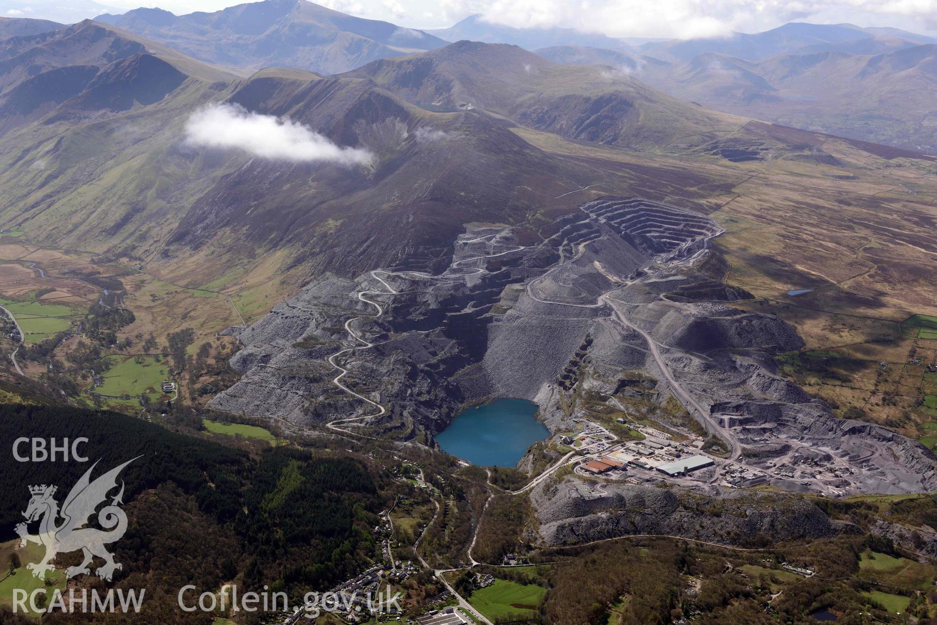 Chwarel y Penrhyn/Penrhyn slate quarry, landscape from north. Oblique aerial photograph taken during the Royal Commission’s programme of archaeological aerial reconnaissance by Toby Driver on 20 April 2018.