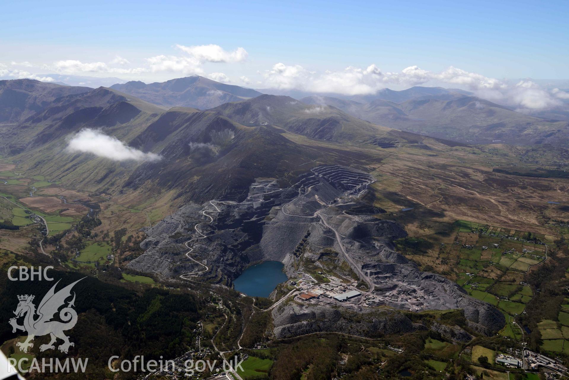 Chwarel y Penrhyn/Penrhyn slate quarry, landscape from north. Oblique aerial photograph taken during the Royal Commission’s programme of archaeological aerial reconnaissance by Toby Driver on 20 April 2018.