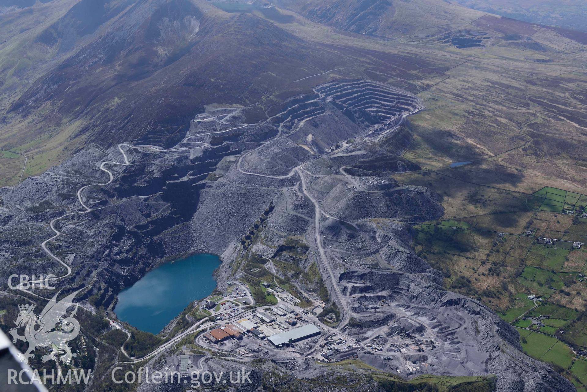 Chwarel y Penrhyn/Penrhyn slate quarry, landscape from north. Oblique aerial photograph taken during the Royal Commission’s programme of archaeological aerial reconnaissance by Toby Driver on 20 April 2018.