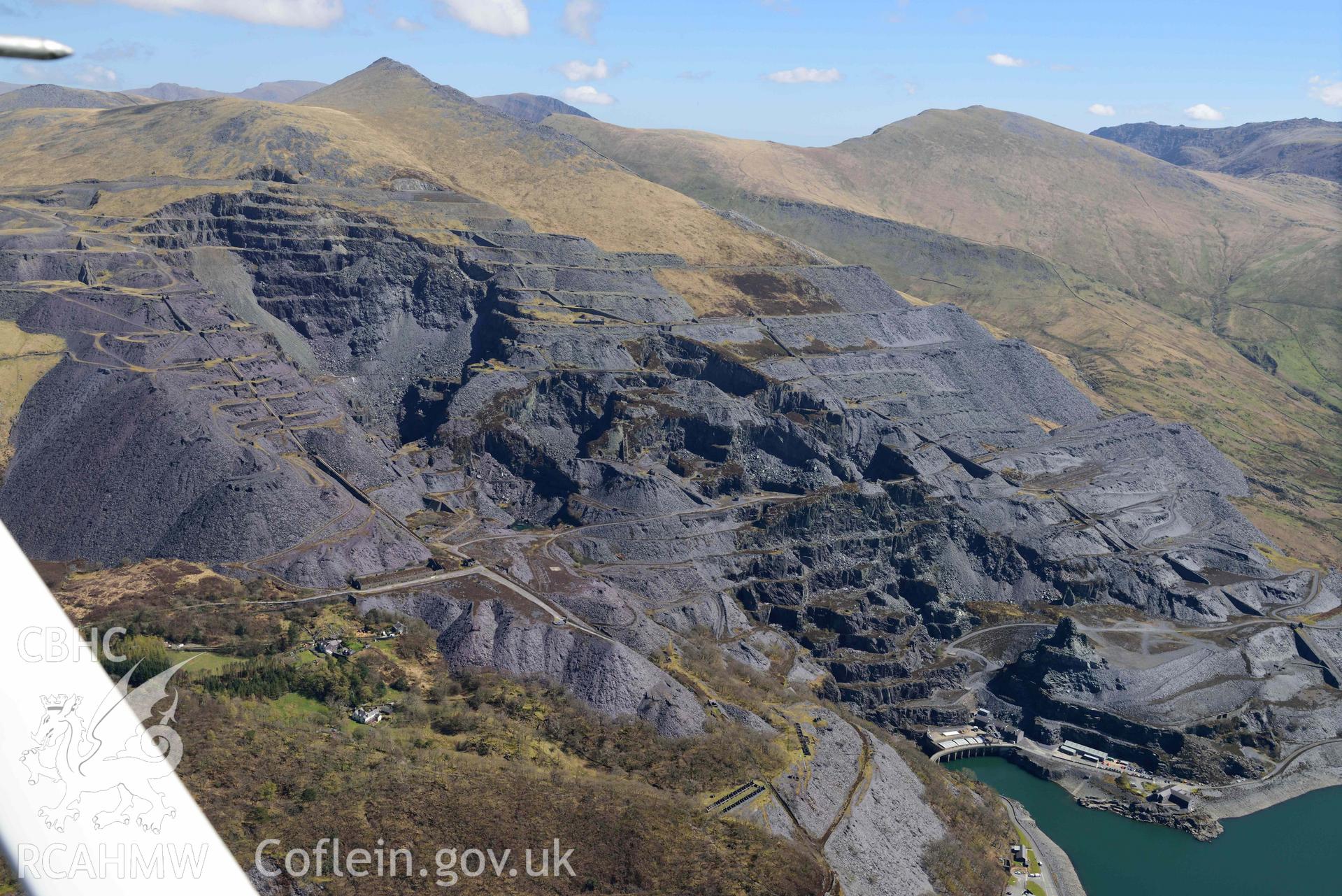 Dinorwic Slate Quarry, landscape view from west. Oblique aerial photograph taken during the Royal Commission’s programme of archaeological aerial reconnaissance by Toby Driver on 20 April 2018.