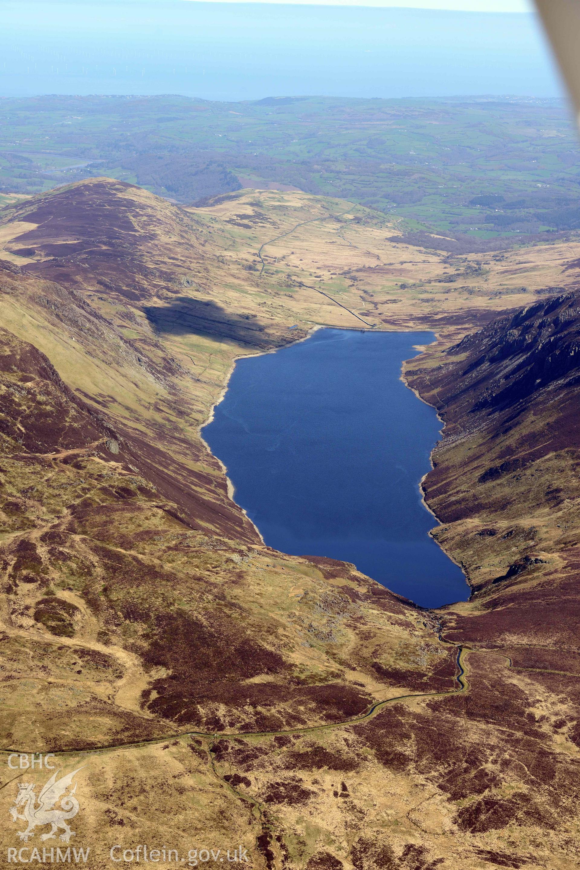 Llyn Cowlyd, view from south-west. Oblique aerial photograph taken during the Royal Commission’s programme of archaeological aerial reconnaissance by Toby Driver on 20 April 2018.