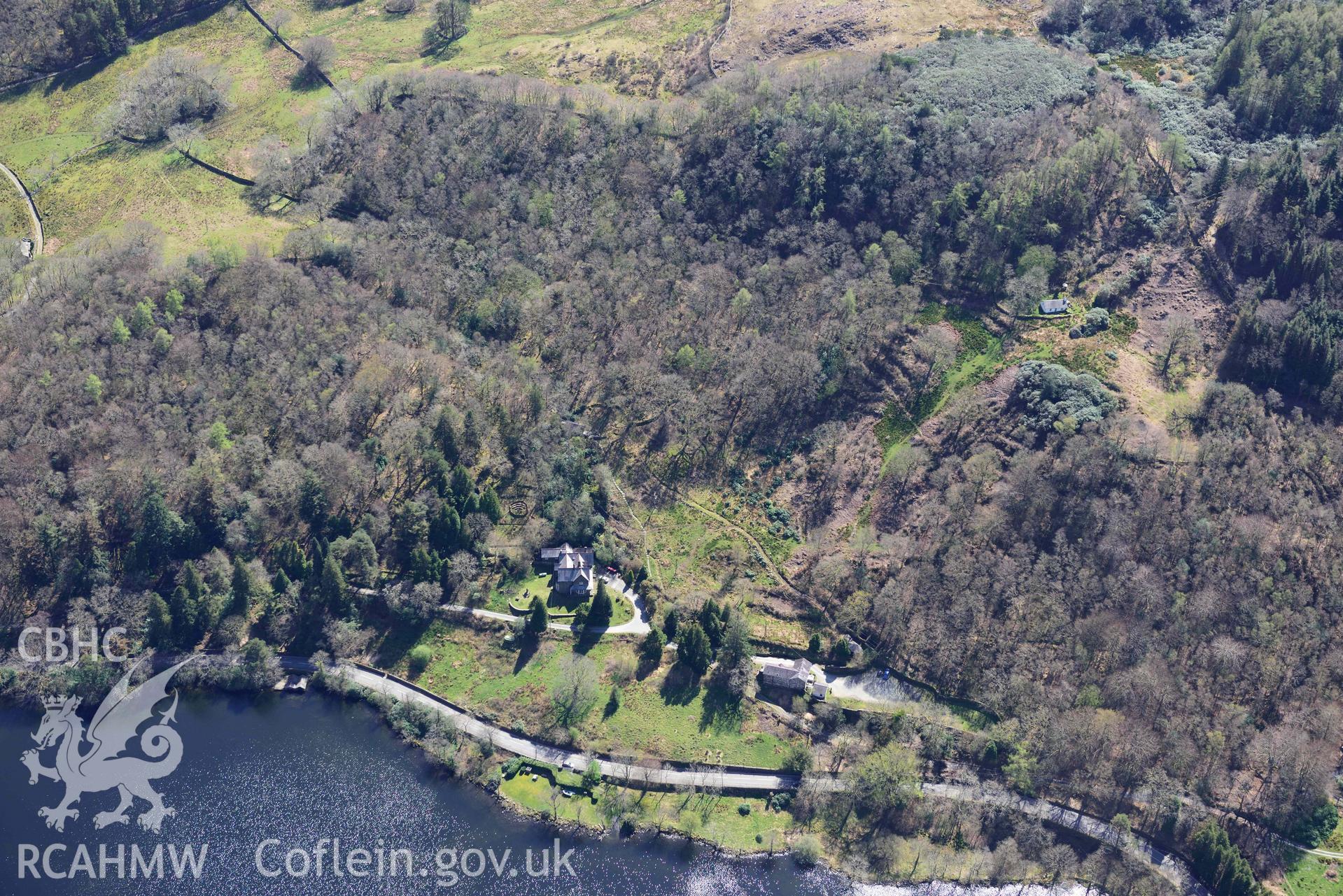 Bryn Gwynant, house and garden. Oblique aerial photograph taken during the Royal Commission’s programme of archaeological aerial reconnaissance by Toby Driver on 20 April 2018.