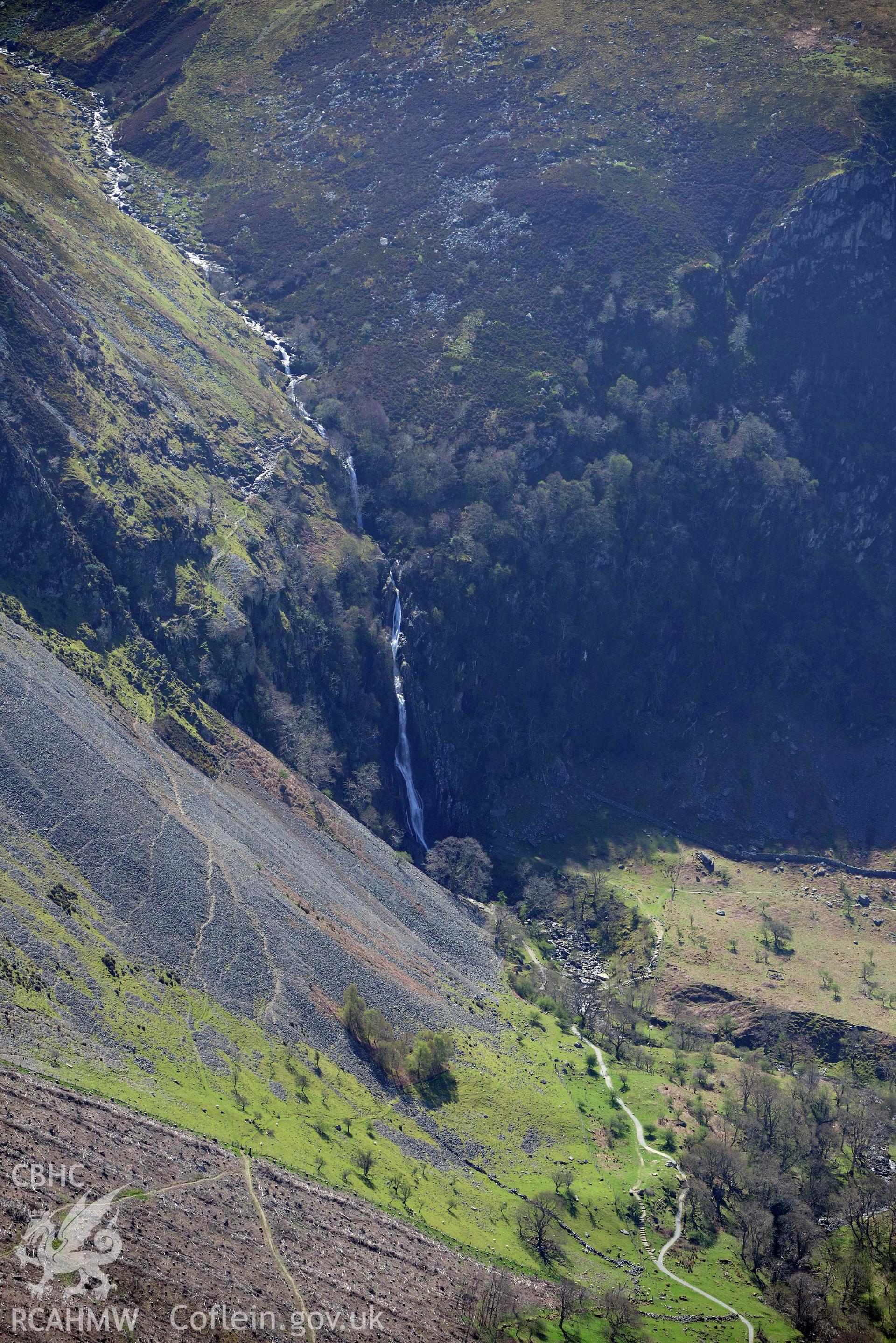 Coedydd Aber Nature Reserve; Aber Falls. Oblique aerial photograph taken during the Royal Commission’s programme of archaeological aerial reconnaissance by Toby Driver on 20 April 2018.