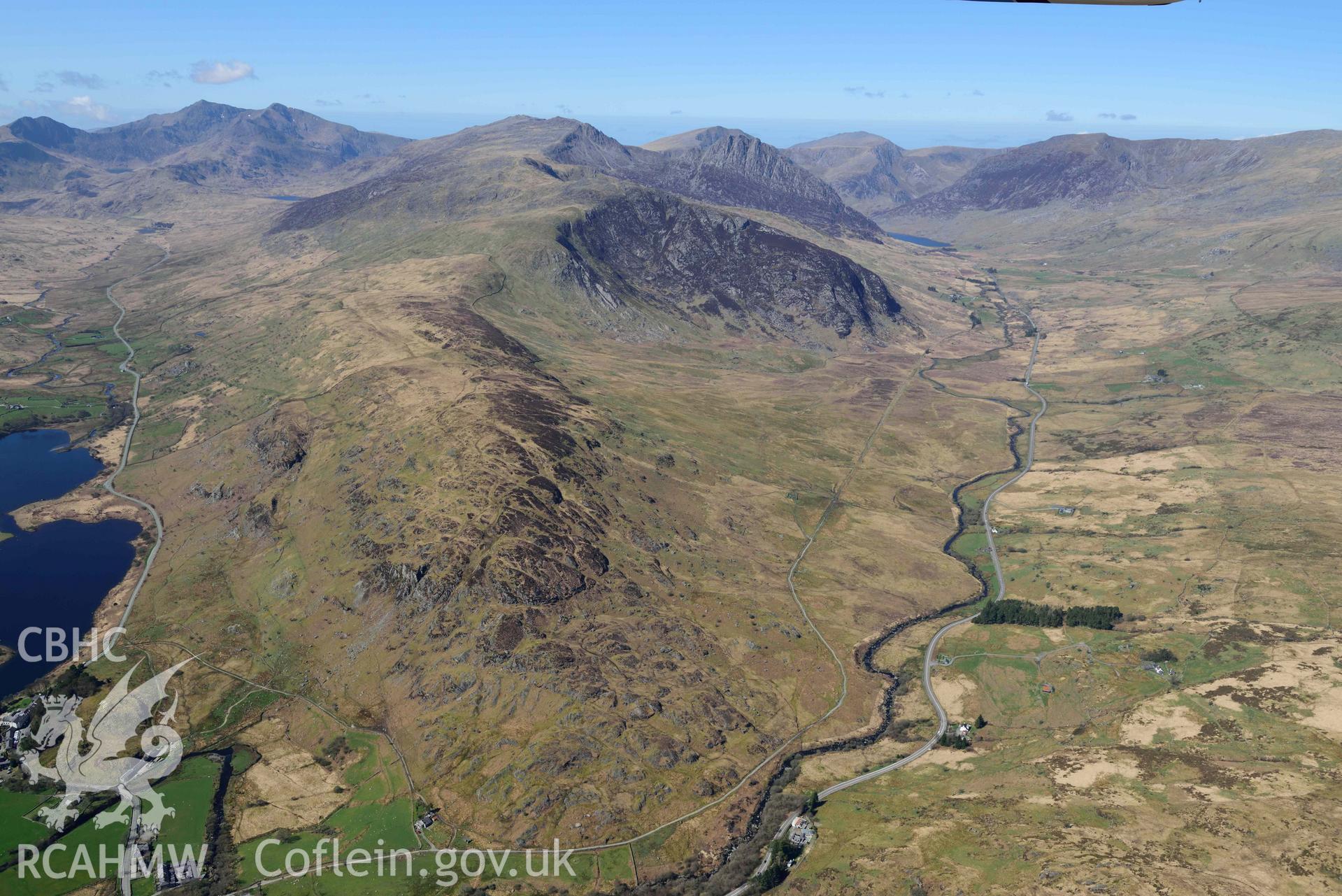 Afon Llugwy valley, wide landscape north-west towards Tryfan.  Oblique aerial photograph taken during the Royal Commission’s programme of archaeological aerial reconnaissance by Toby Driver on 20 April 2018.