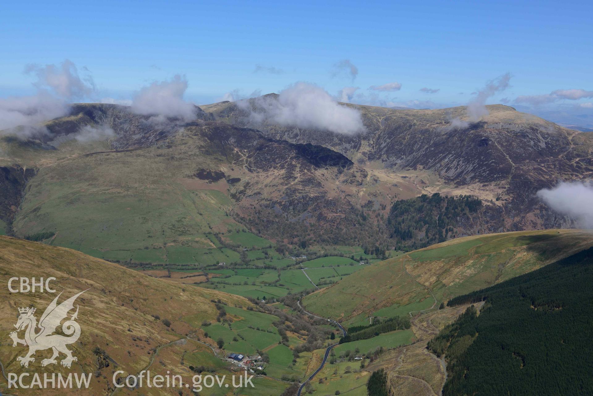 Cader Idris landscape, looking south-east from Corris Uchaf. Oblique aerial photograph taken during the Royal Commission’s programme of archaeological aerial reconnaissance by Toby Driver on 20 April 2018.