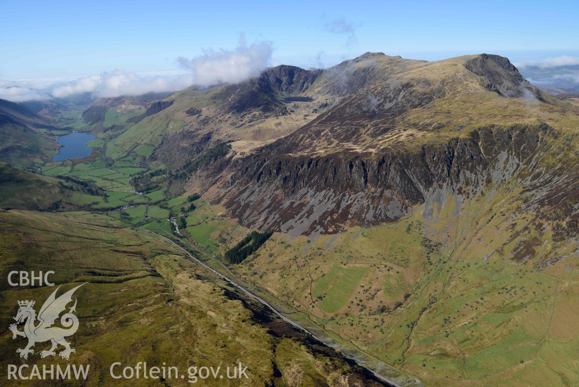 Cader Idris landscape with Llyn Cau lake and Tal-y-llyn, from east. Oblique aerial photograph taken during the Royal Commission’s programme of archaeological aerial reconnaissance by Toby Driver on 20 April 2018.