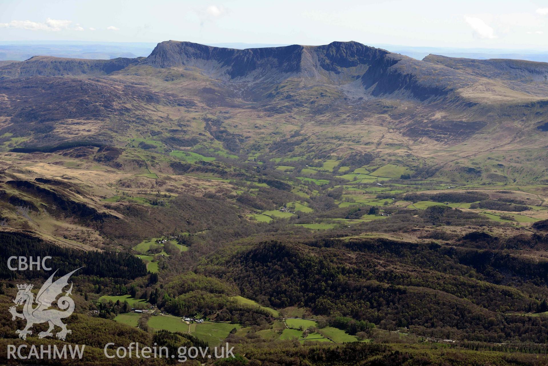 Cader Idris, landscape view from north-west over Abergwynant. Oblique aerial photograph taken during the Royal Commission’s programme of archaeological aerial reconnaissance by Toby Driver on 20 April 2018.