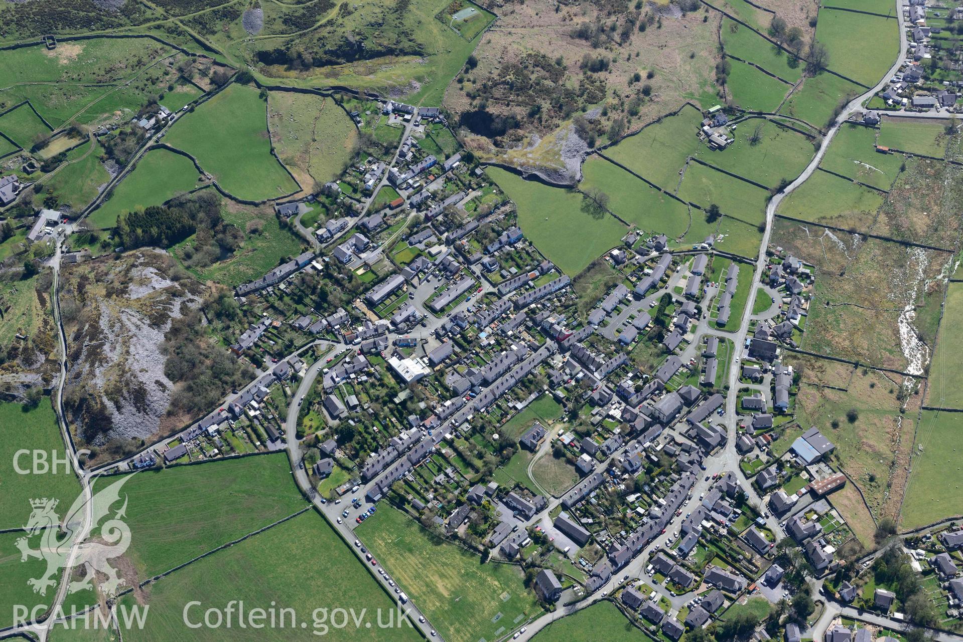 Rachub village, view from north-west. Oblique aerial photograph taken during the Royal Commission’s programme of archaeological aerial reconnaissance by Toby Driver on 20 April 2018.
