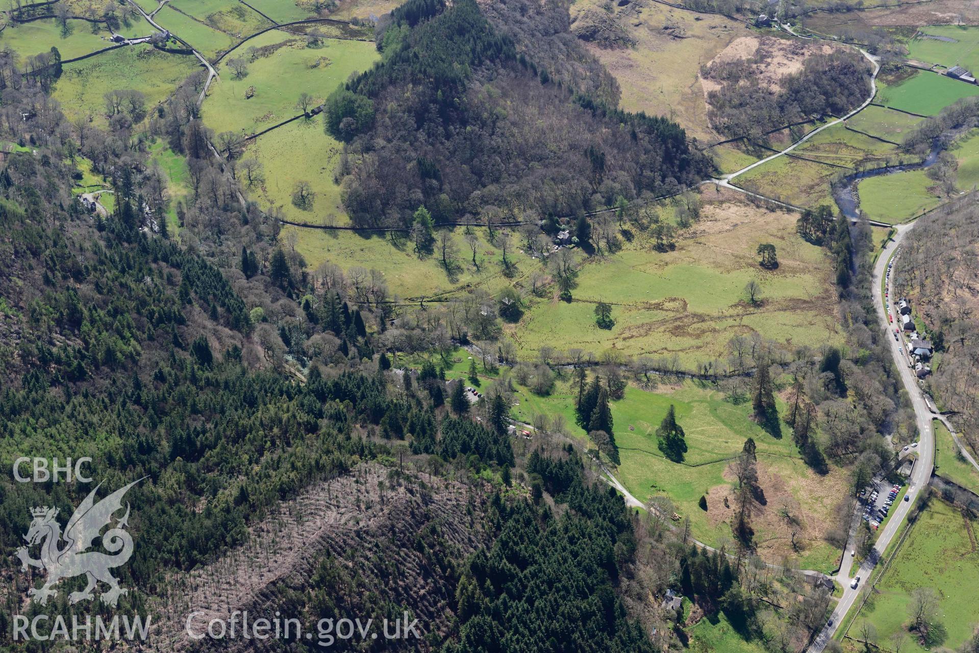 Plas Gwynant Park, view from north. Oblique aerial photograph taken during the Royal Commission’s programme of archaeological aerial reconnaissance by Toby Driver on 20 April 2018.