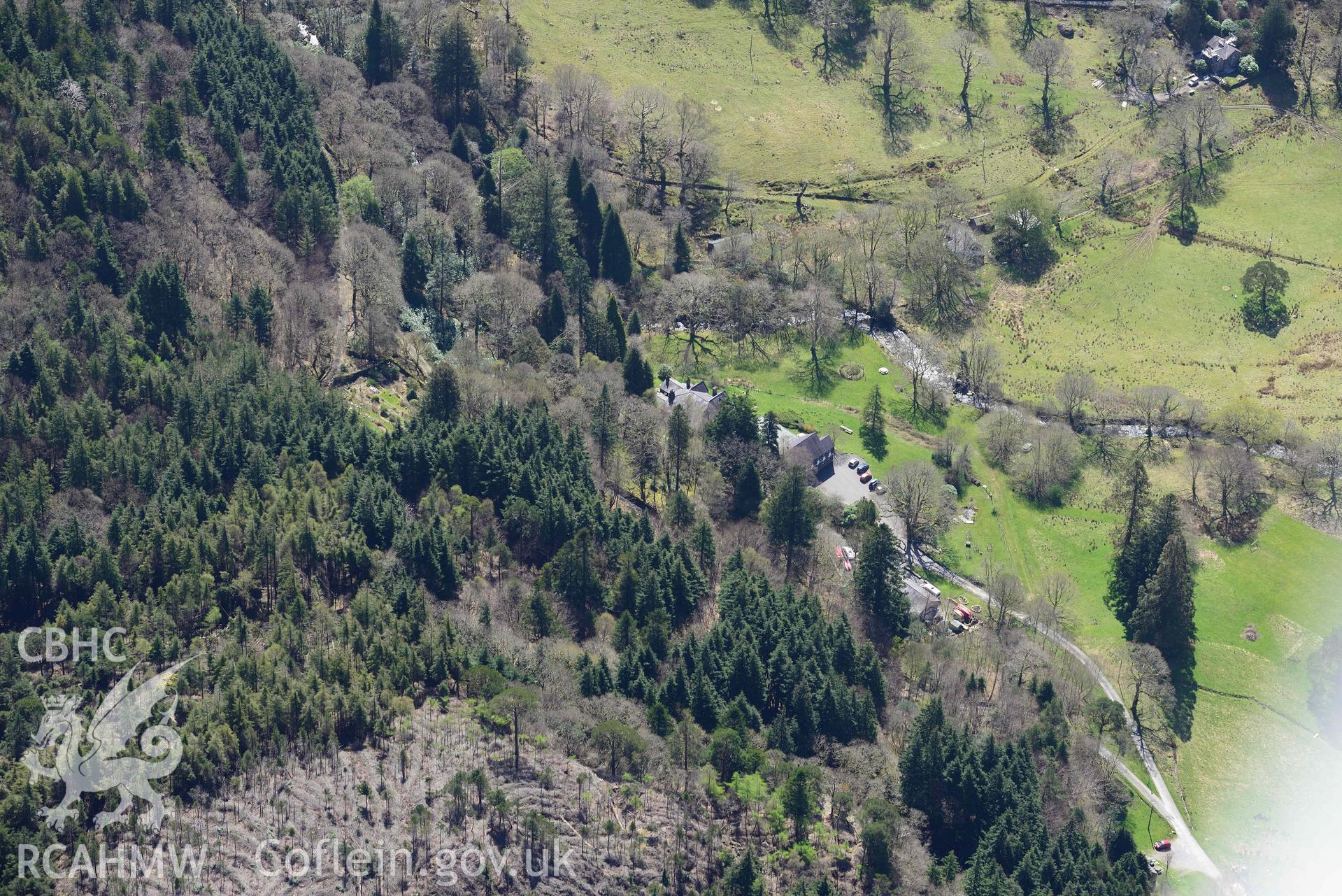Plas Gwynant Garden. Oblique aerial photograph taken during the Royal Commission’s programme of archaeological aerial reconnaissance by Toby Driver on 20 April 2018.