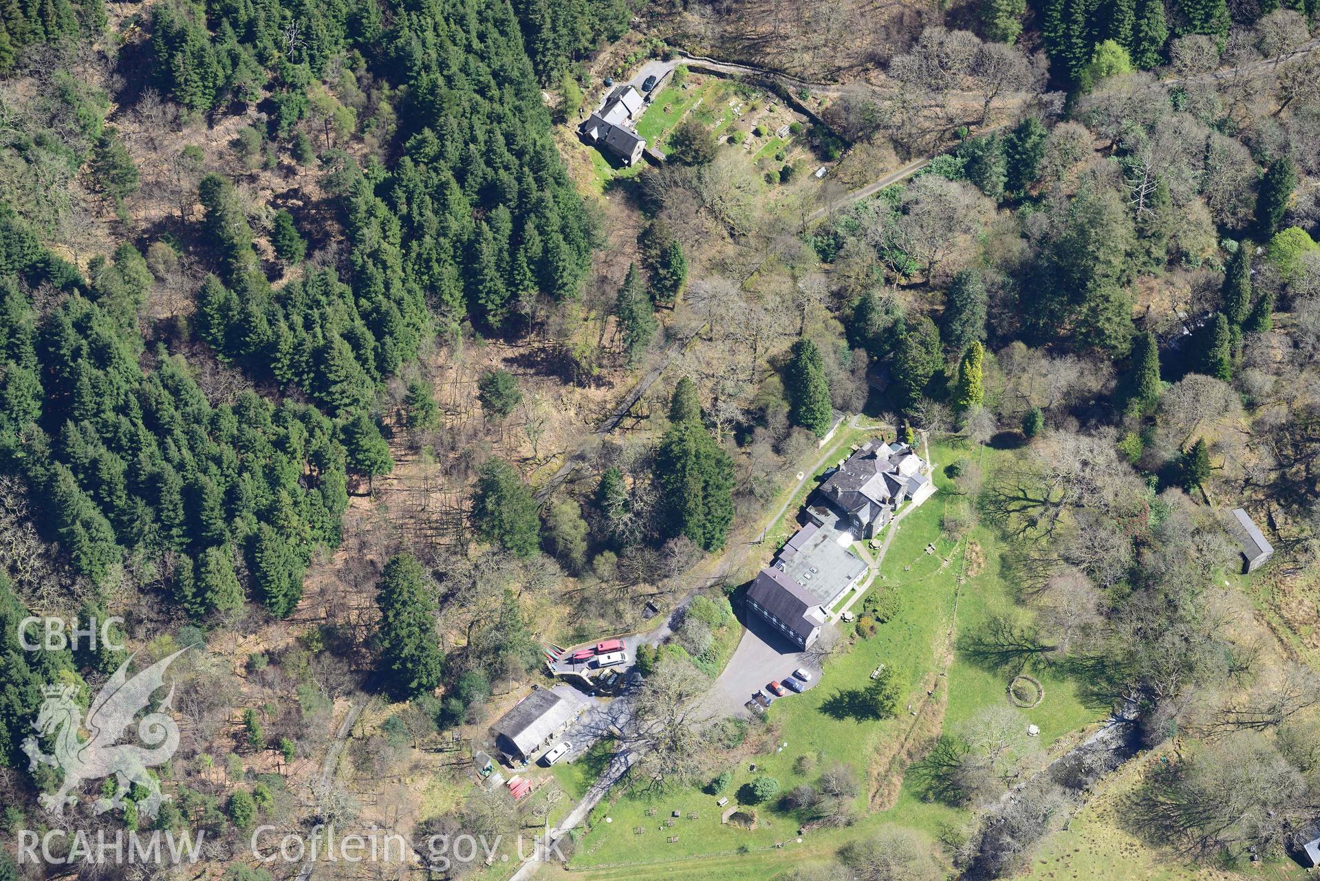 Plas Gwynant Garden. Oblique aerial photograph taken during the Royal Commission’s programme of archaeological aerial reconnaissance by Toby Driver on 20 April 2018.