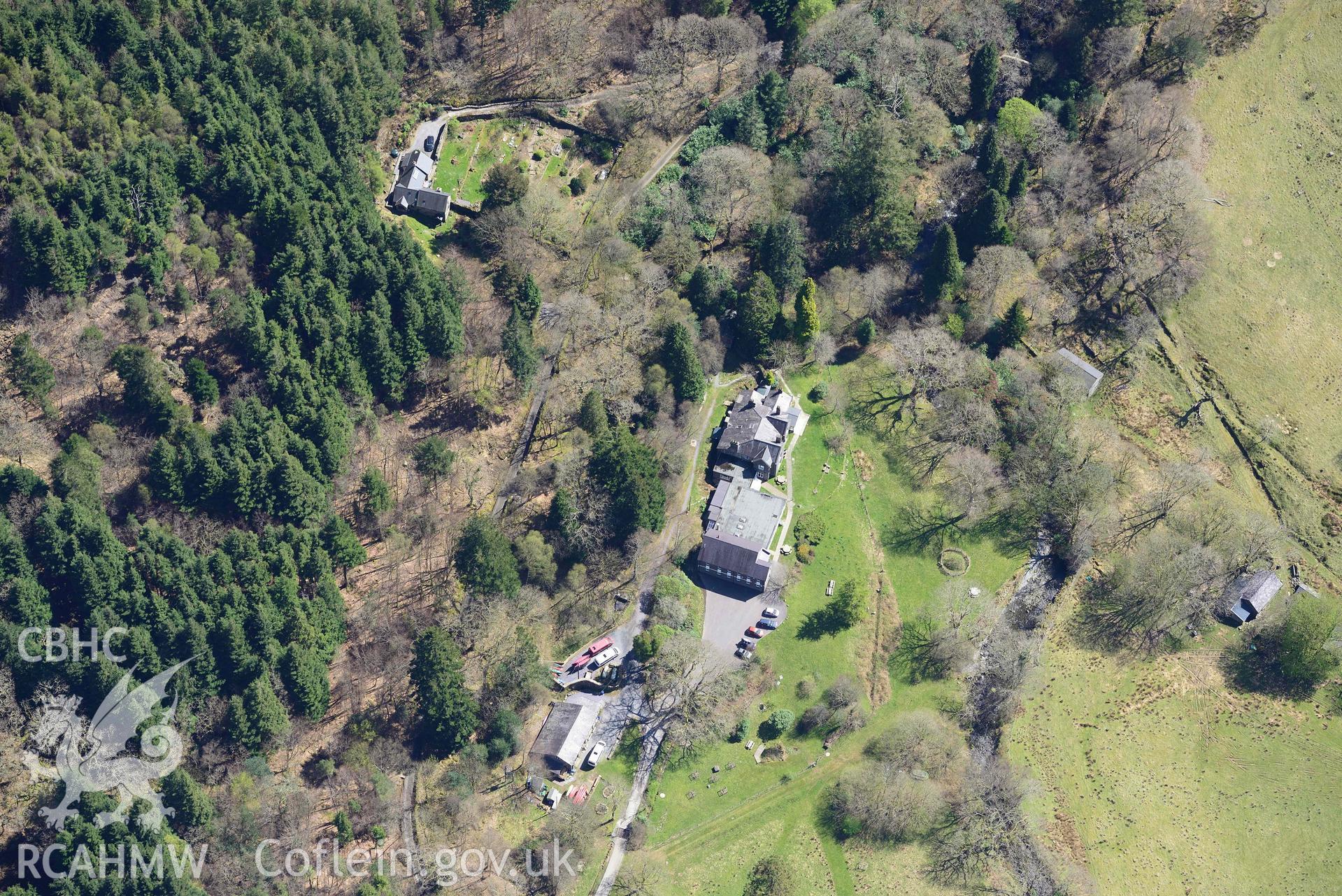 Plas Gwynant Garden. Oblique aerial photograph taken during the Royal Commission’s programme of archaeological aerial reconnaissance by Toby Driver on 20 April 2018.