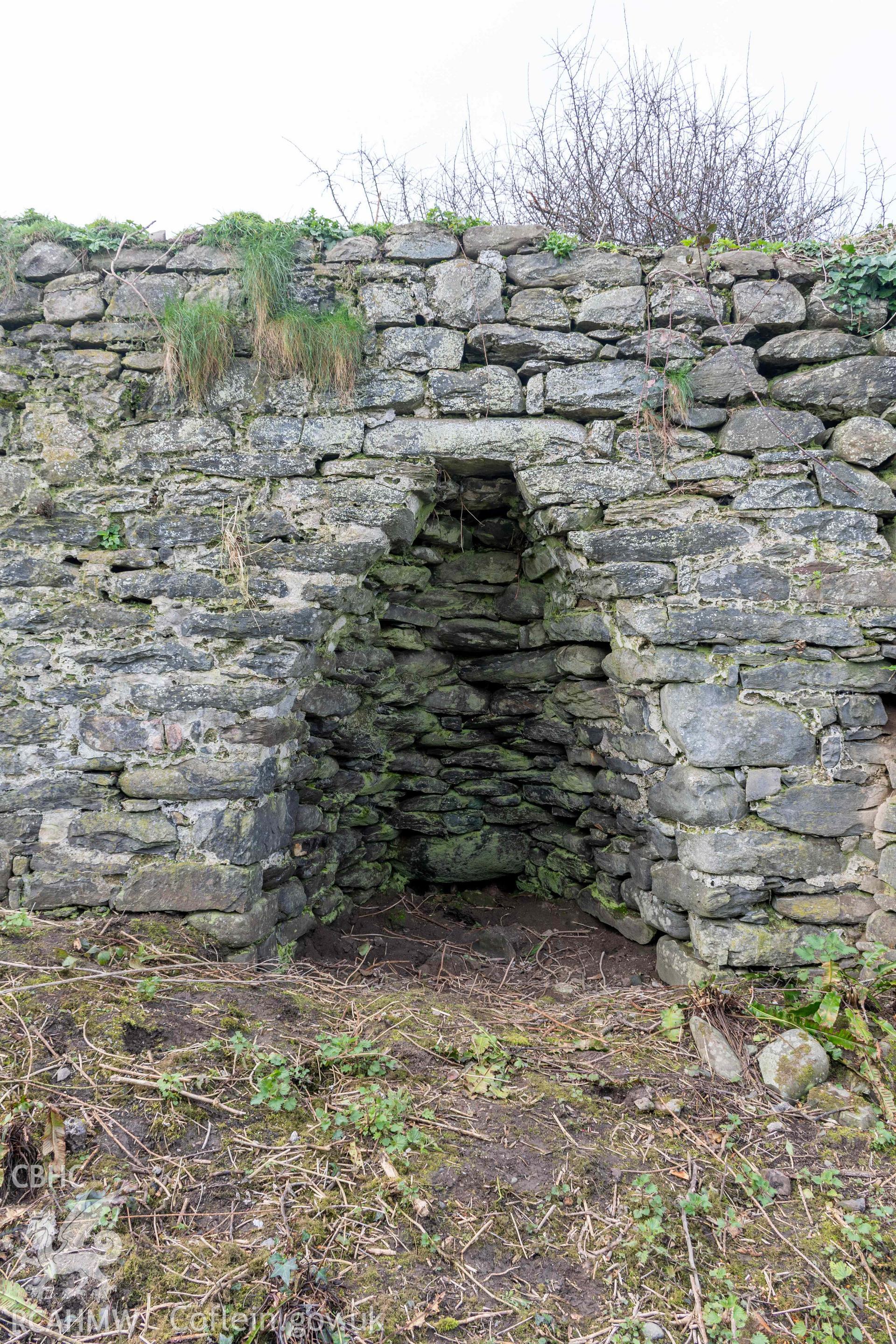 Kiln 4, kiln-eye, east elevation. Part of photographic survey of Aberstrincell lime kilns and coal yard, conducted by Louise Barker of the RCAHMW survey team on 21 March 2024.