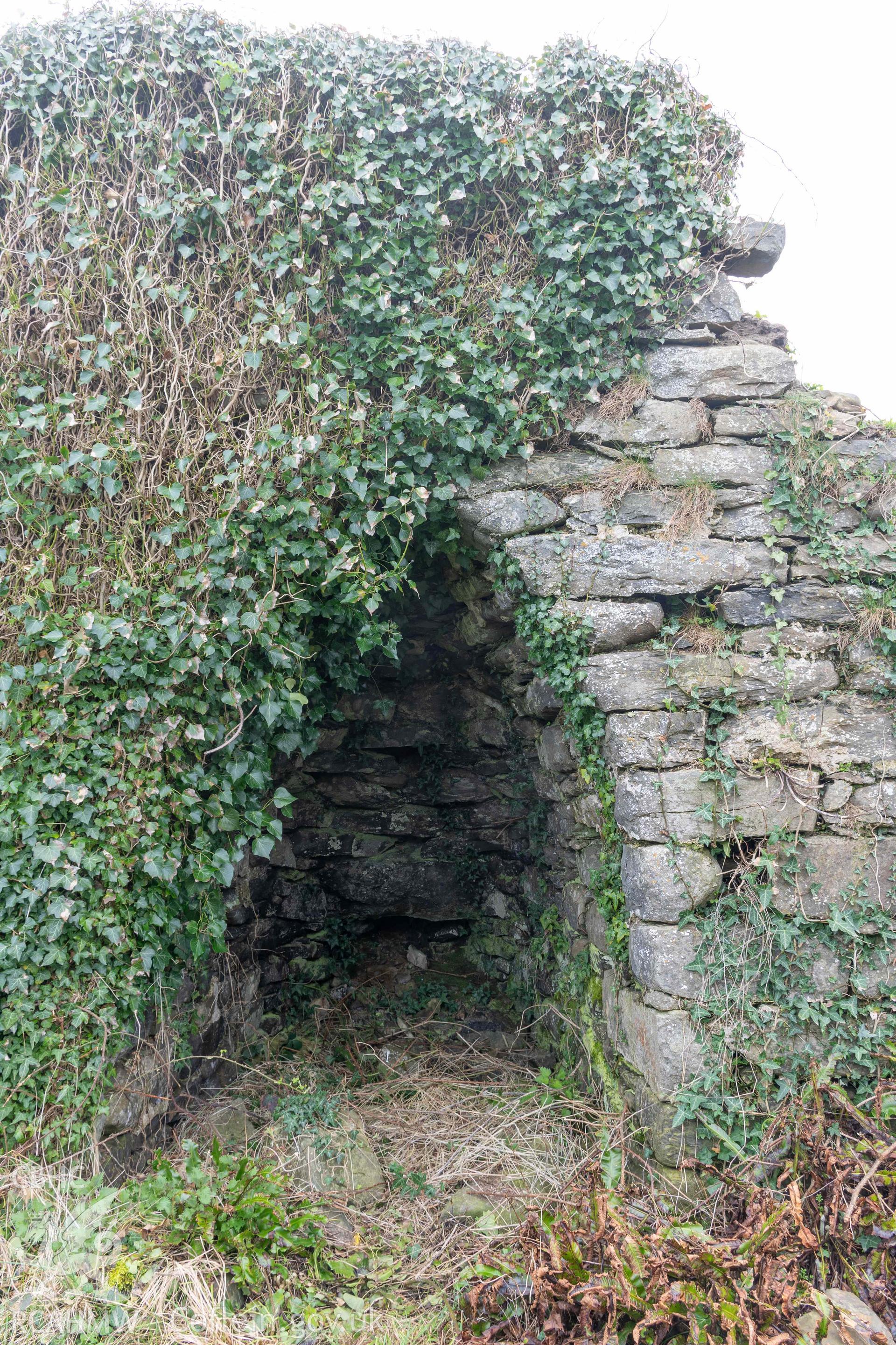 Kiln 4, kiln-eye, north elevation. Part of photographic survey of Aberstrincell lime kilns and coal yard, conducted by Louise Barker of the RCAHMW survey team on 21 March 2024.