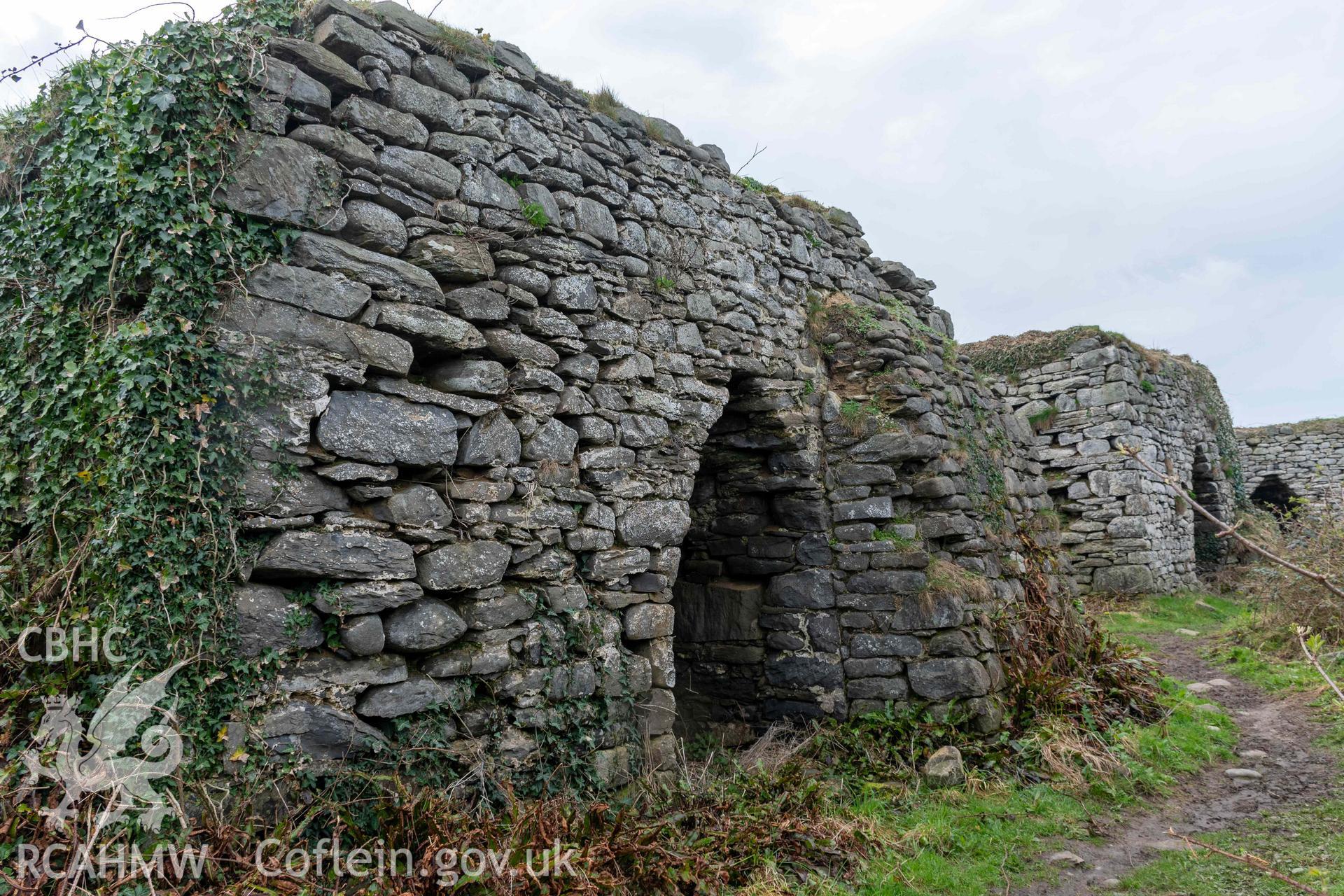 Kiln 3, north elevation. Part of photographic survey of Aberstrincell lime kilns and coal yard, conducted by Louise Barker of the RCAHMW survey team on 21 March 2024.