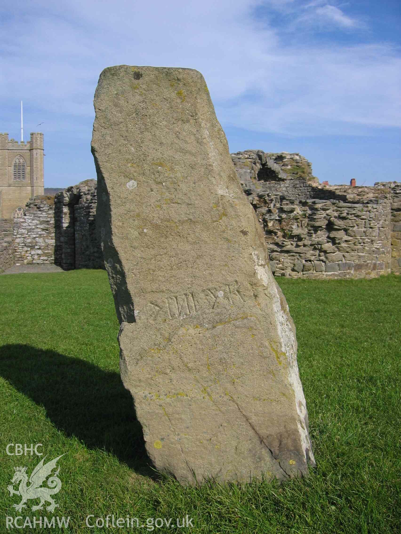 Photograph showing the DINBYCH (Denbigh) stone (no. 5) in the Gorsedd Circle at Aberystwyth.