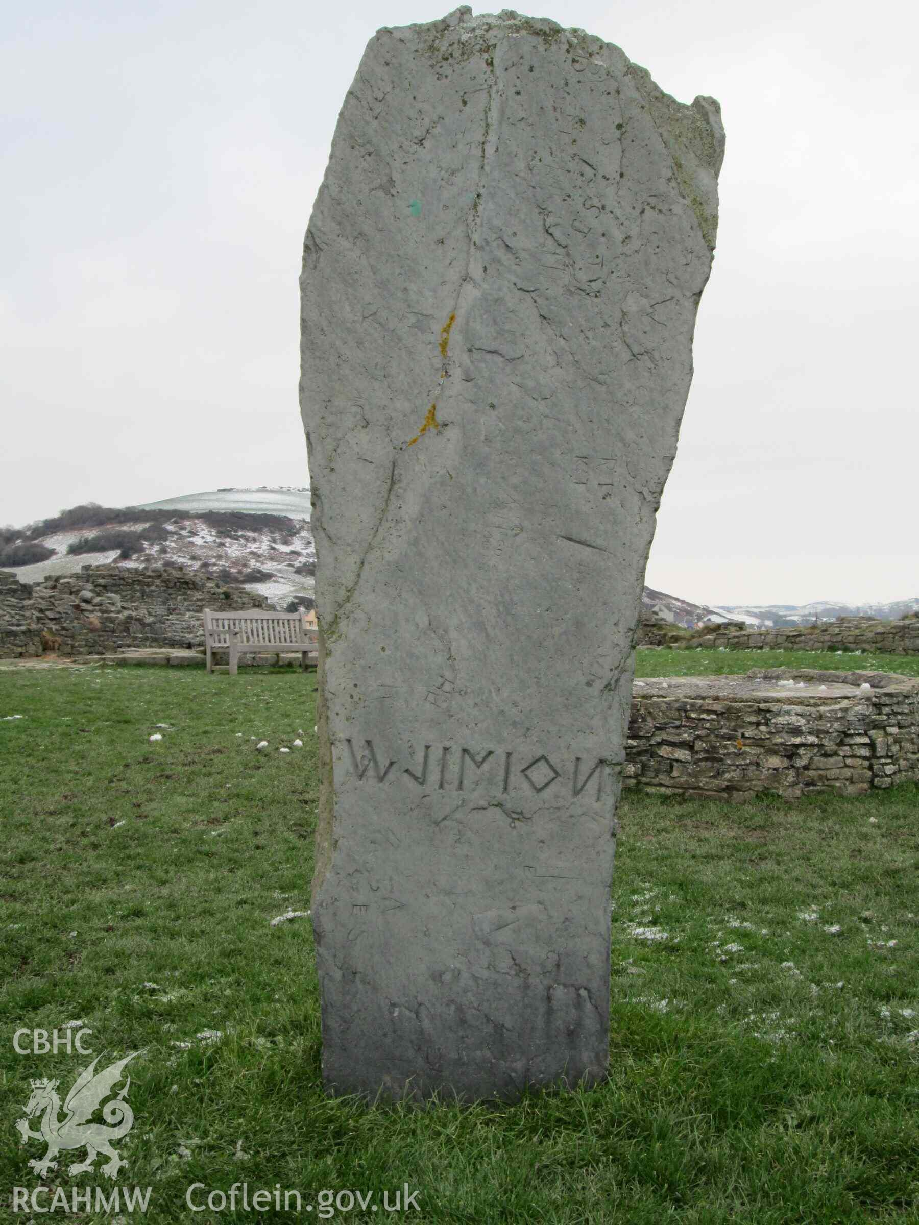 Photograph showing the MEIRION (Merioneth) stone (no. 7) in the Gorsedd Circle at Aberystwyth.