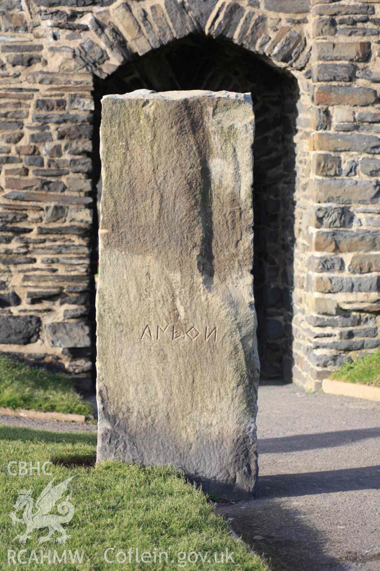 Photograph showing the ARFON (Caernarfon) stone (no. 13) in the Gorsedd Circle at Aberystwyth.