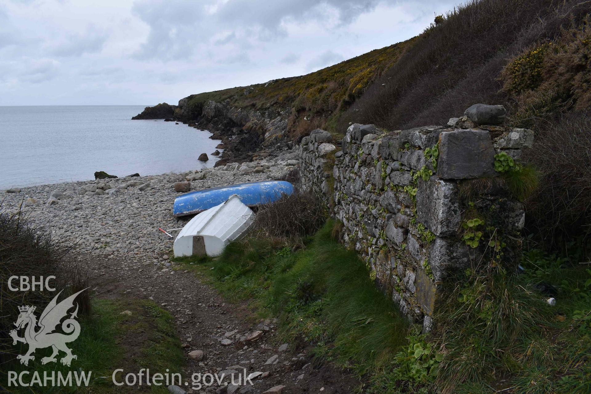 Landward (eastern) end of the ruined boathouse at Aber Bach on 02/04/2024. Produced by Julian Whitewright of the RCAHMW Survey Team.
