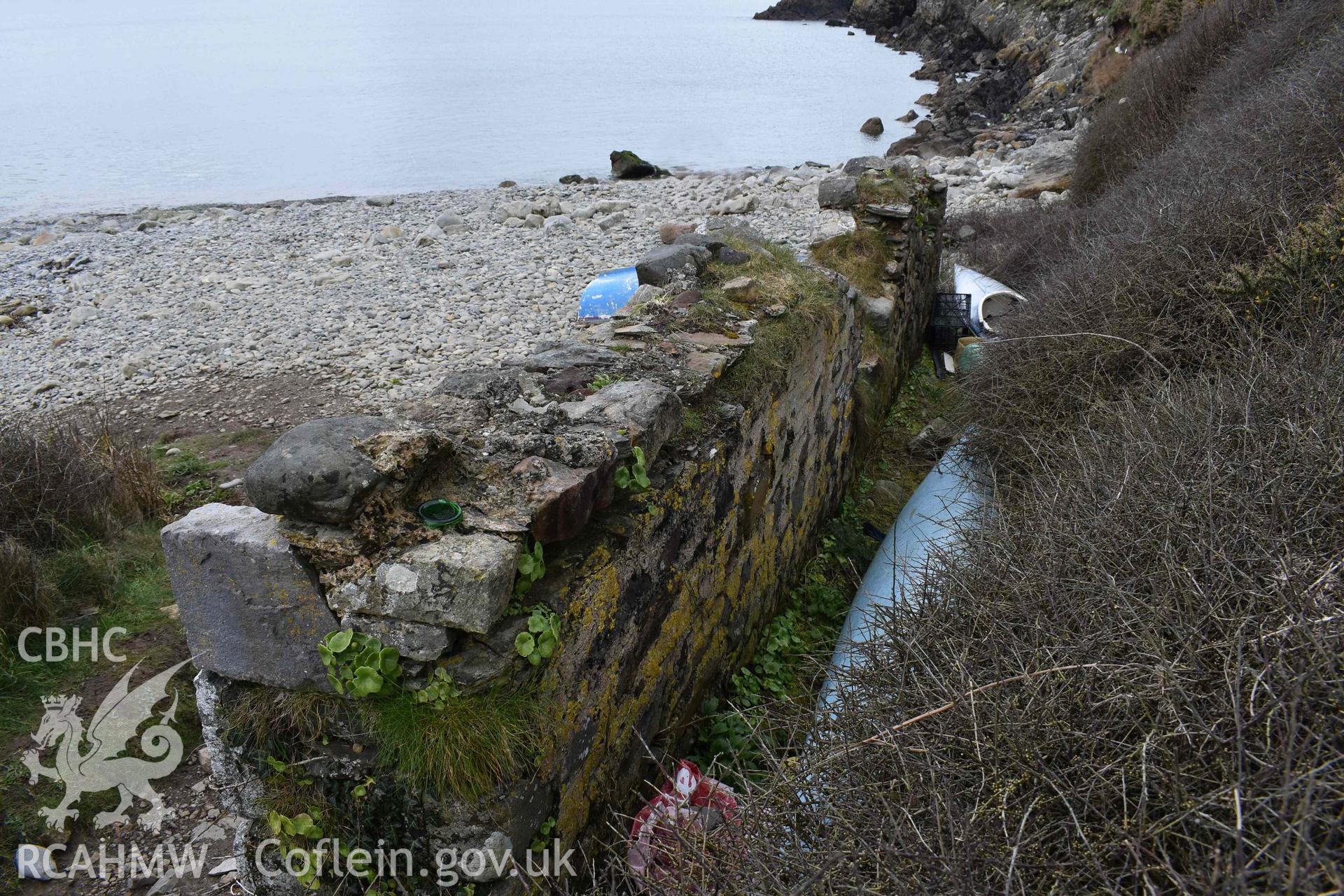 Internal face of the southern wall of the ruined boathouse at Aber Bach on 02/04/2024. Produced by Julian Whitewright of the RCAHMW Survey Team.