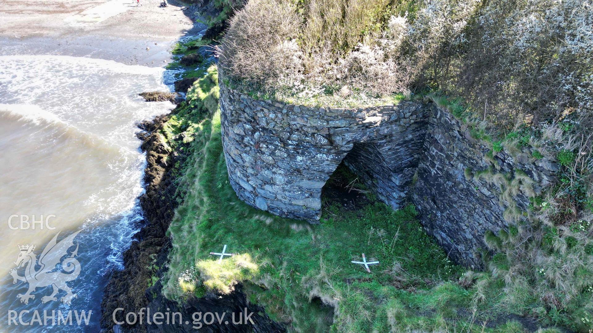 Abercastle Lime Kiln 1, oblique view of the western kiln-eye on 03/04/2024. Produced by Julian Whitewright of the RCAHMW Survey Team.