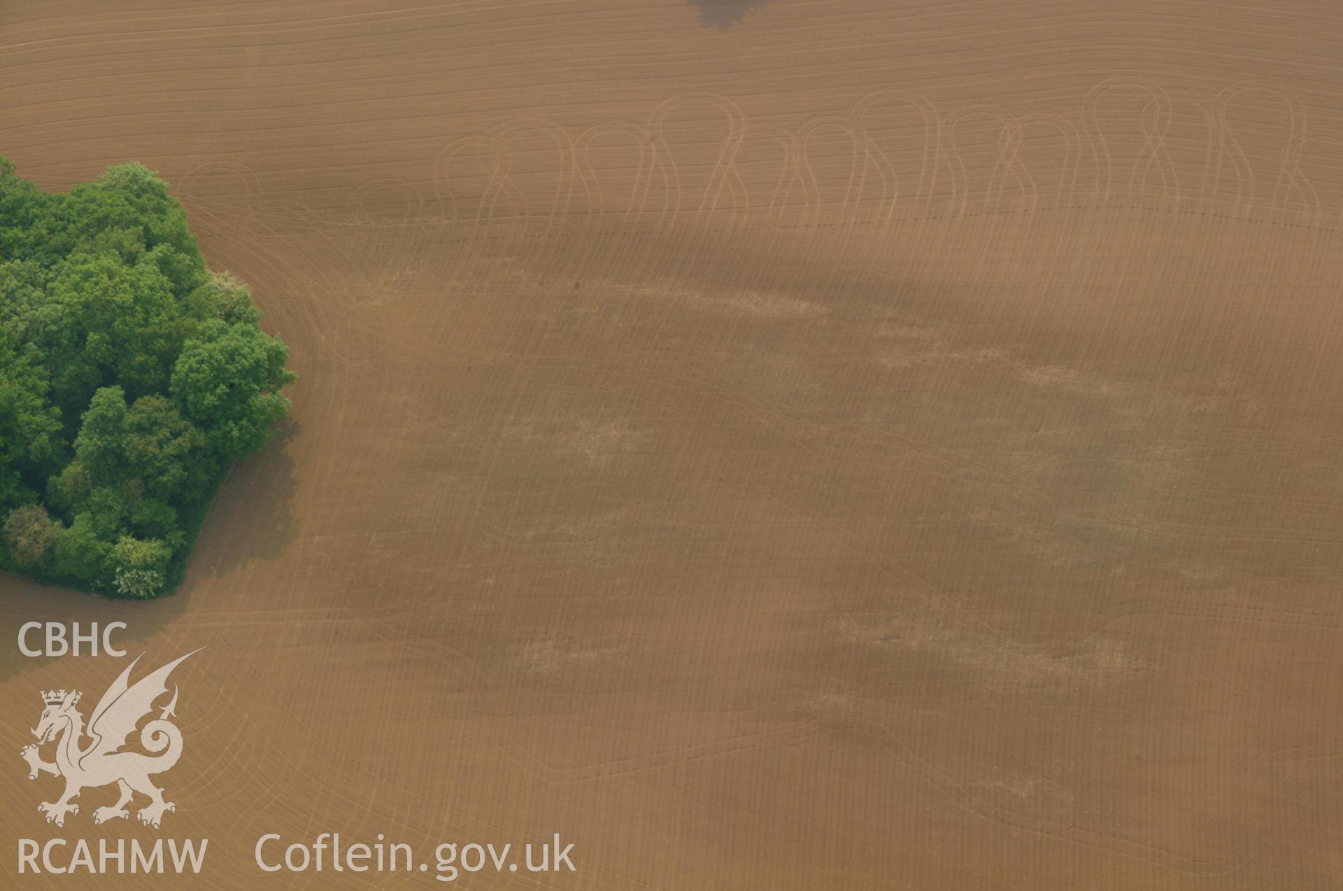 RCAHMW colour oblique aerial photograph of Carrow Hill Soilmarks. Possibly representing a Roman villa. Taken on 26 May 2004 by Toby Driver
