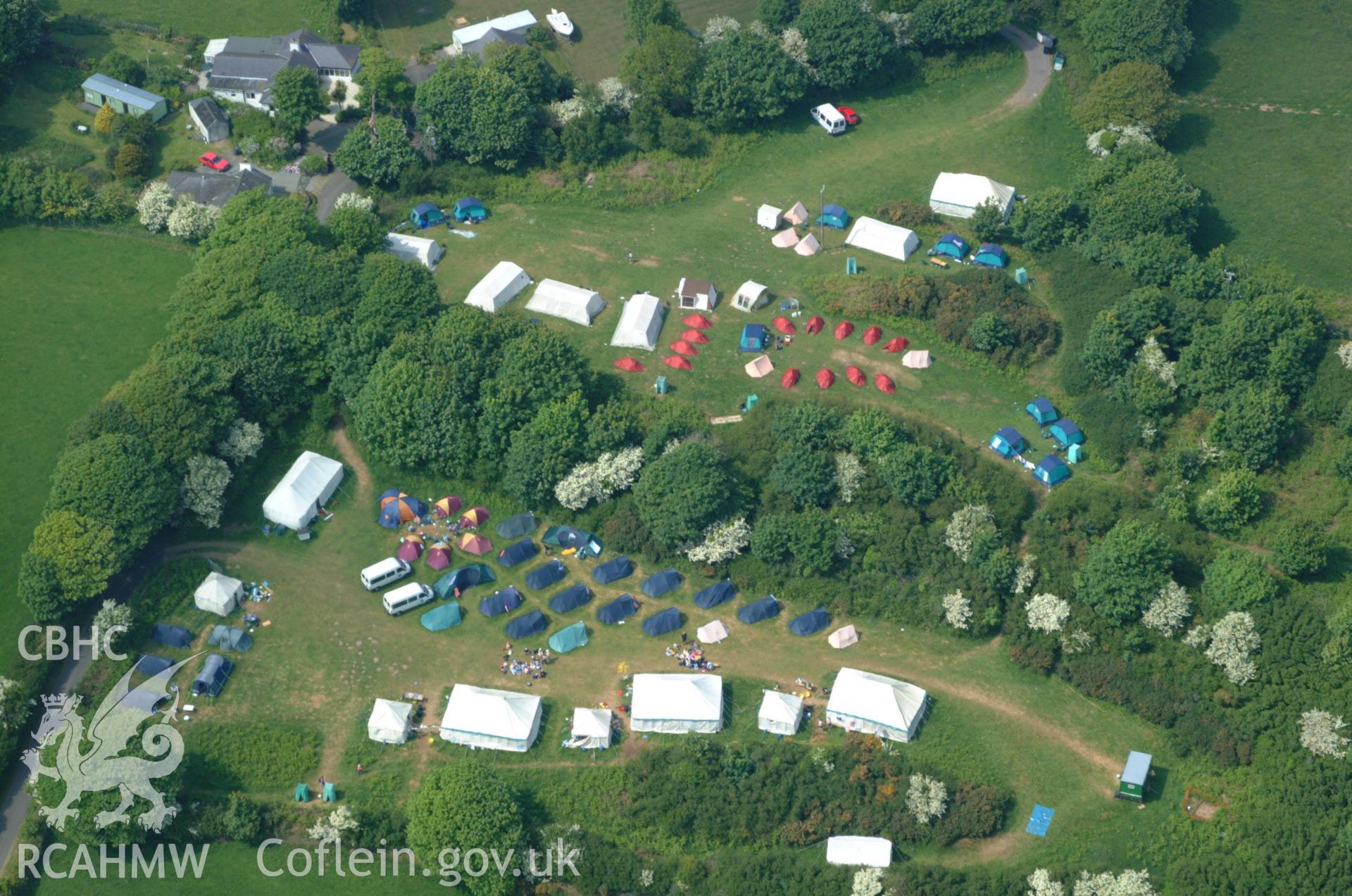 RCAHMW colour oblique aerial photograph of Scout camp at Pen-y-braich farm, viewed from the south. Taken on 26 May 2004 by Toby Driver